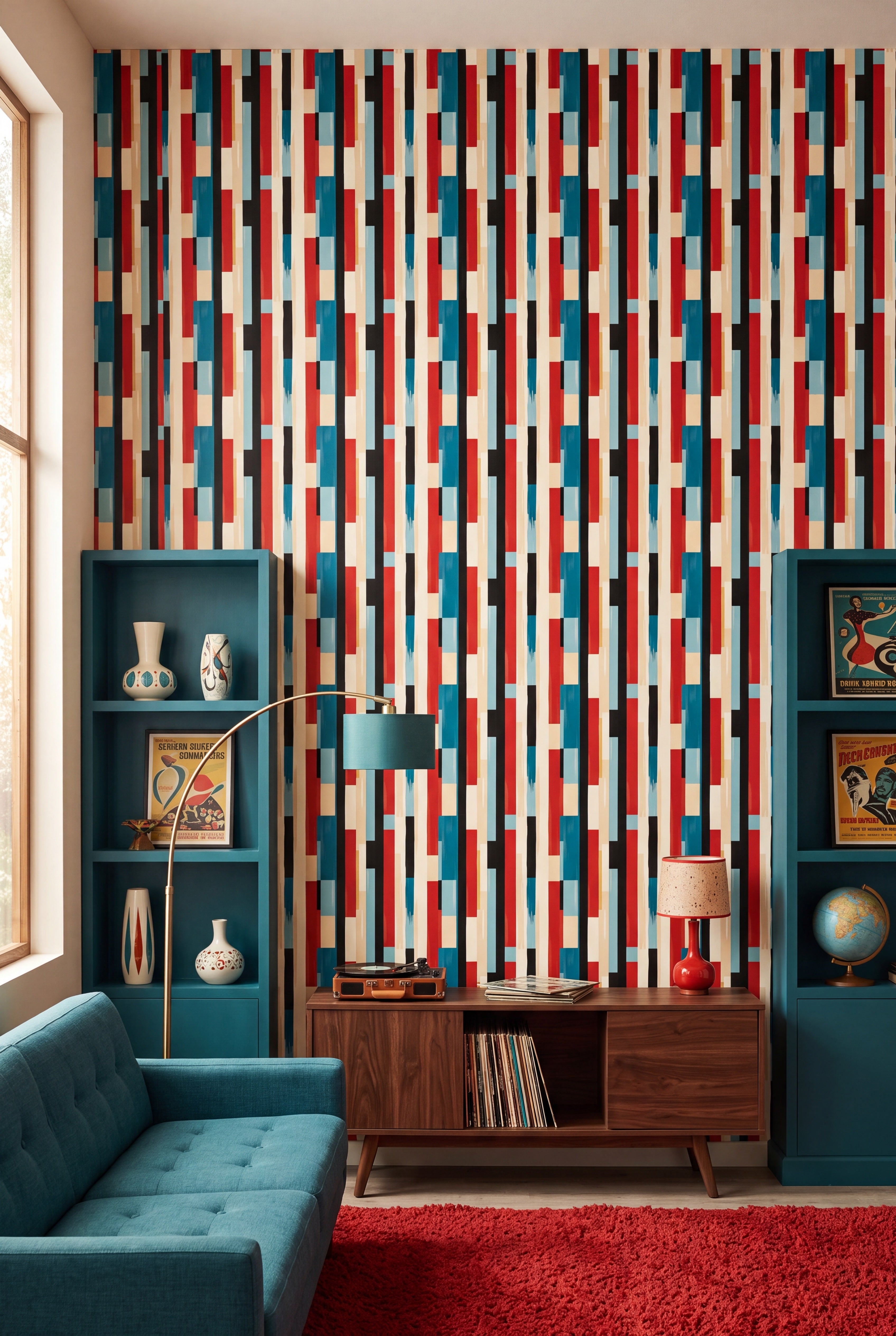 Mod Stripe wallpaper shown in a media room