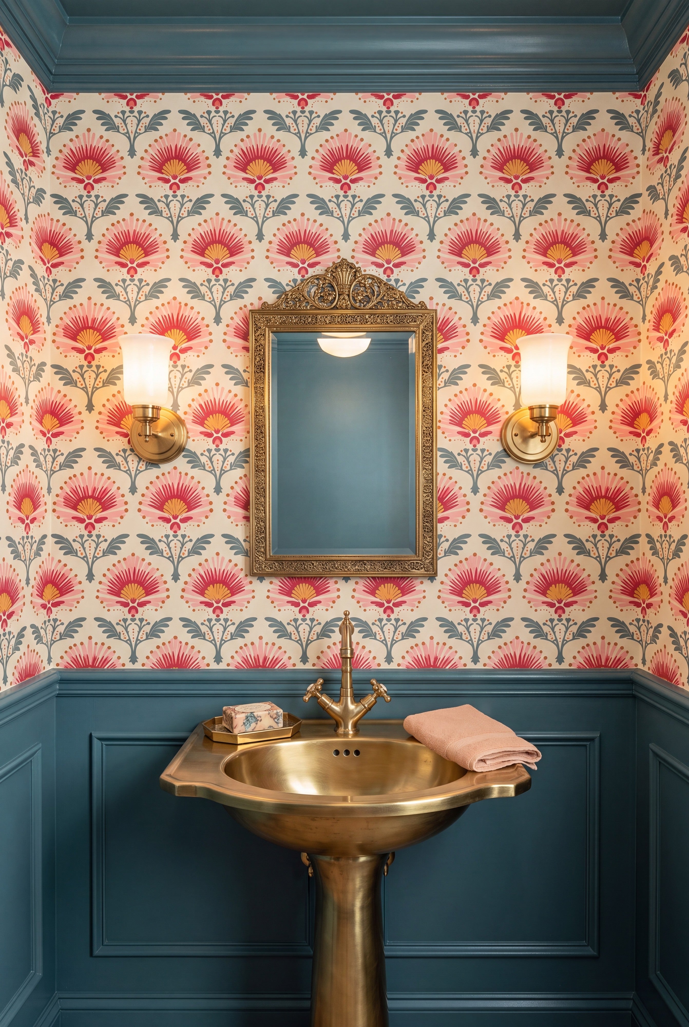Prairie Rose wallpaper shown in a powder room