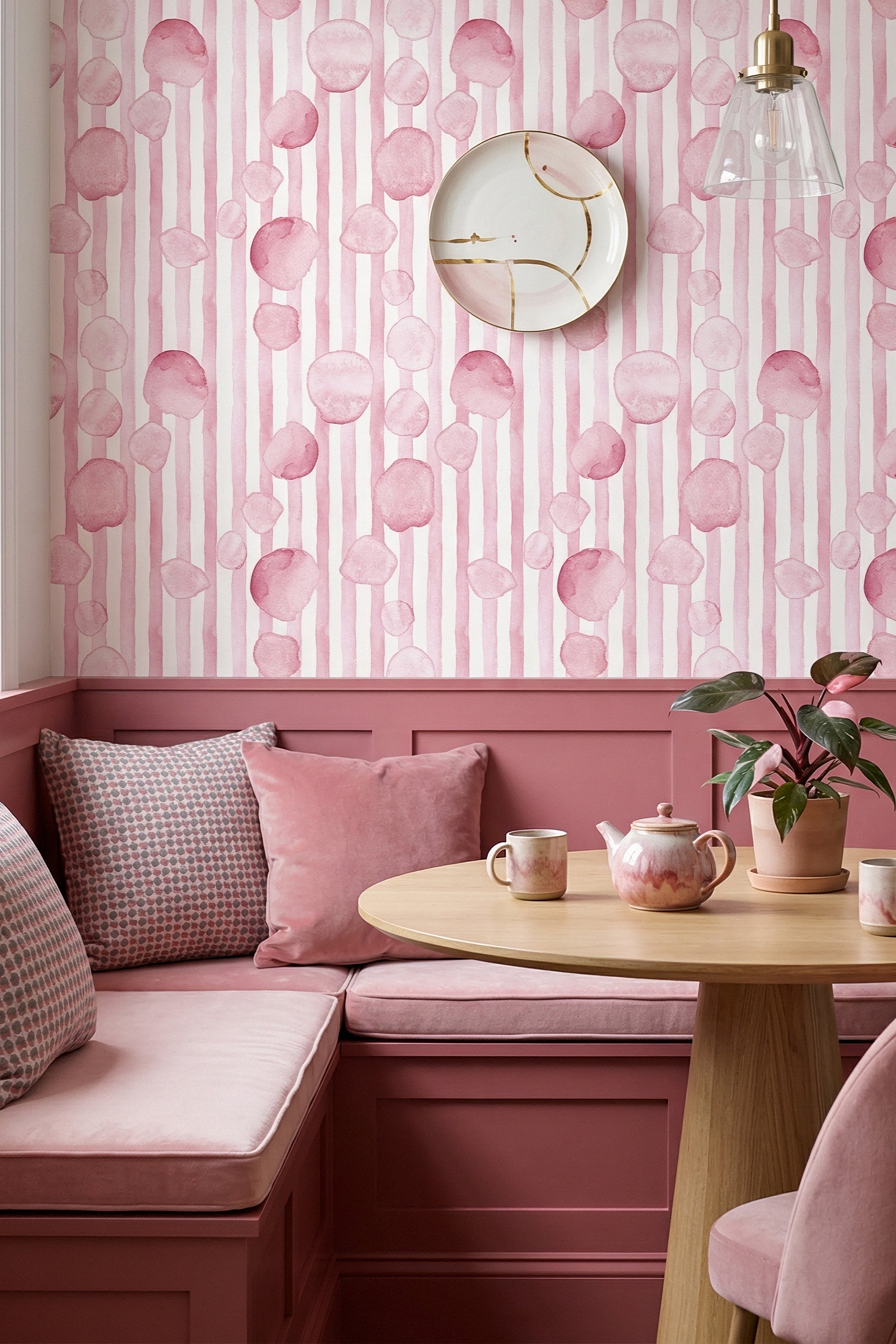 Dotty Stripe wallpaper shown in a cozy nook