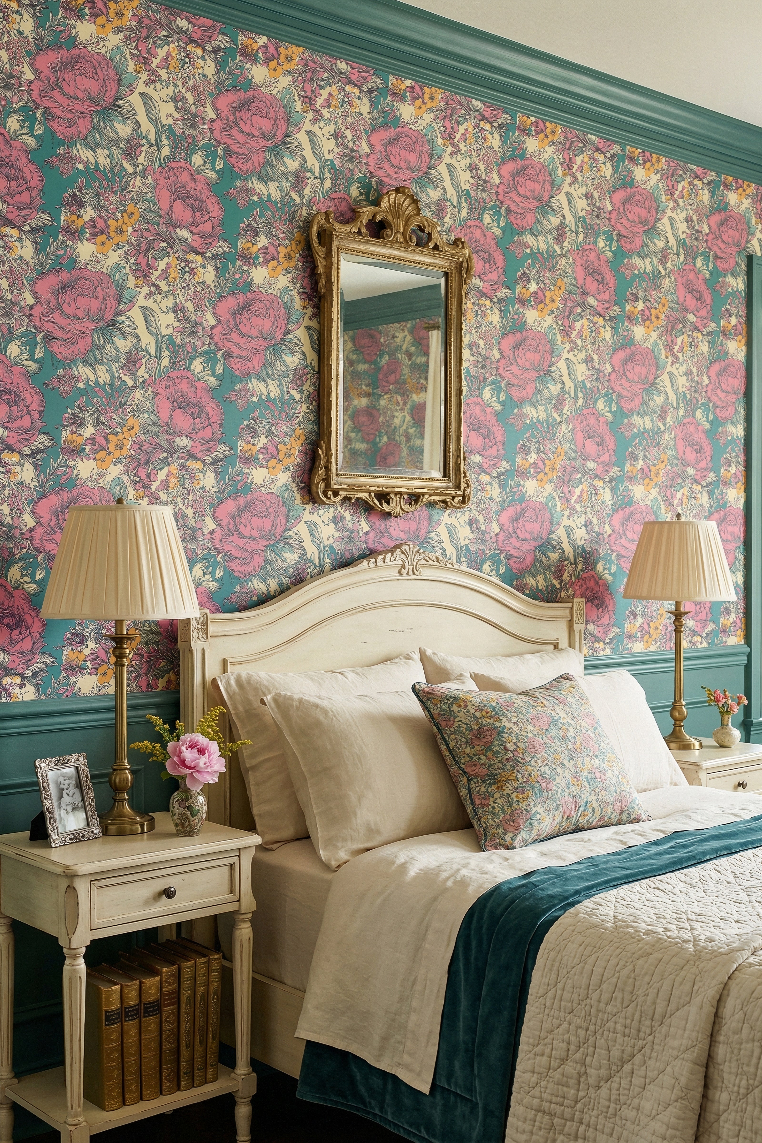 Provence Peony wallpaper shown in a bedroom