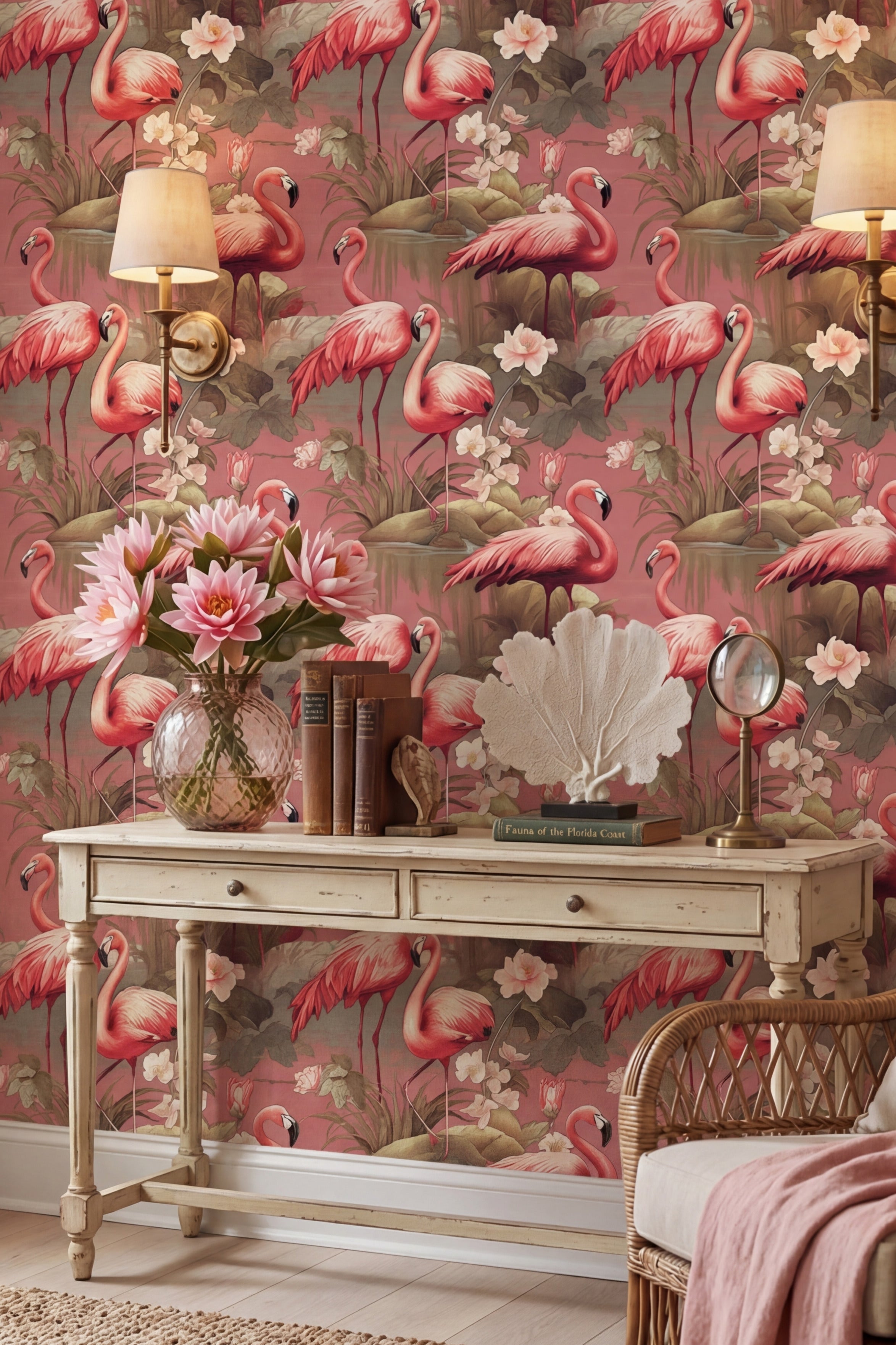Flamingo Social wallpaper shown in a reading corner