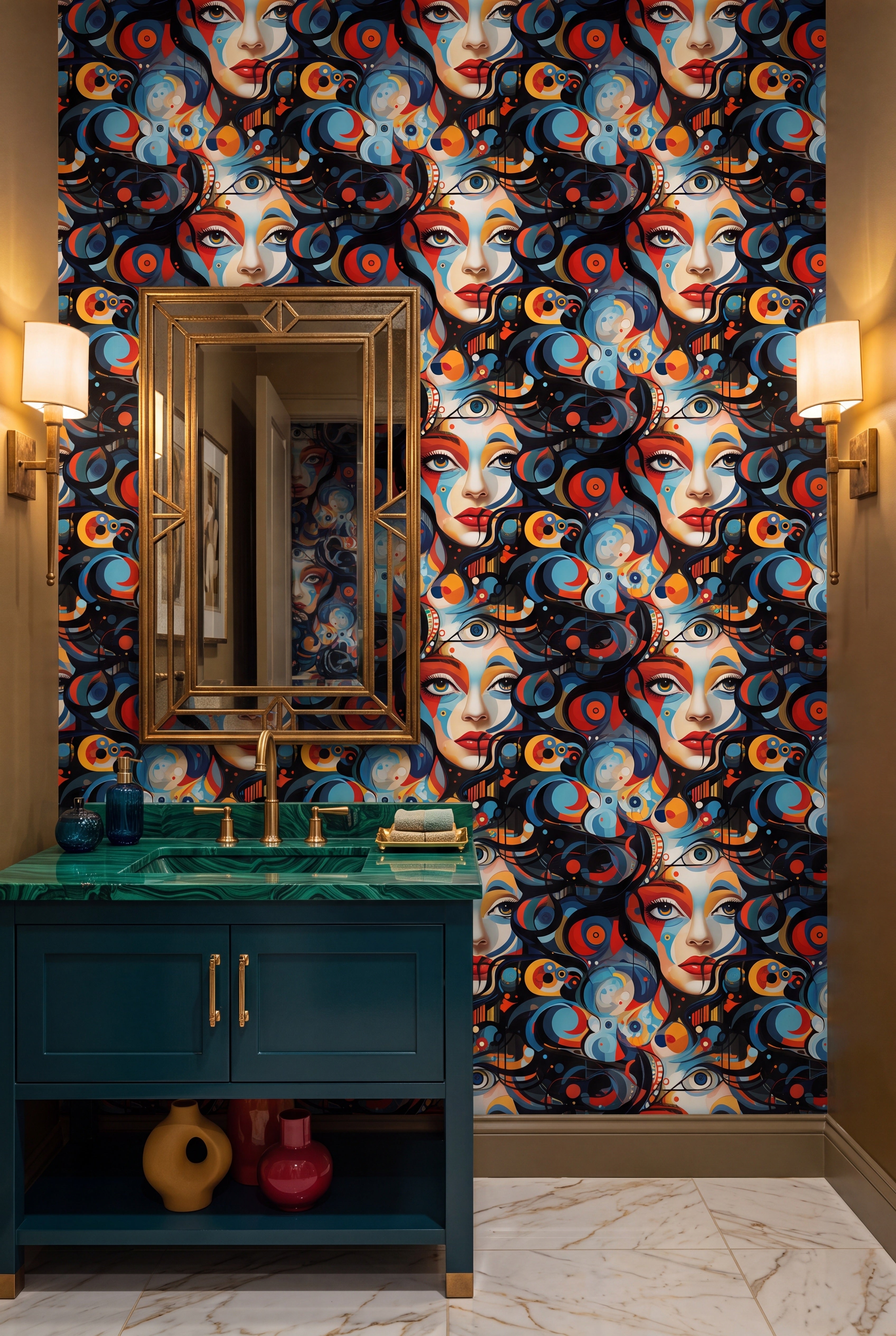 New Wave wallpaper shown in a powder room