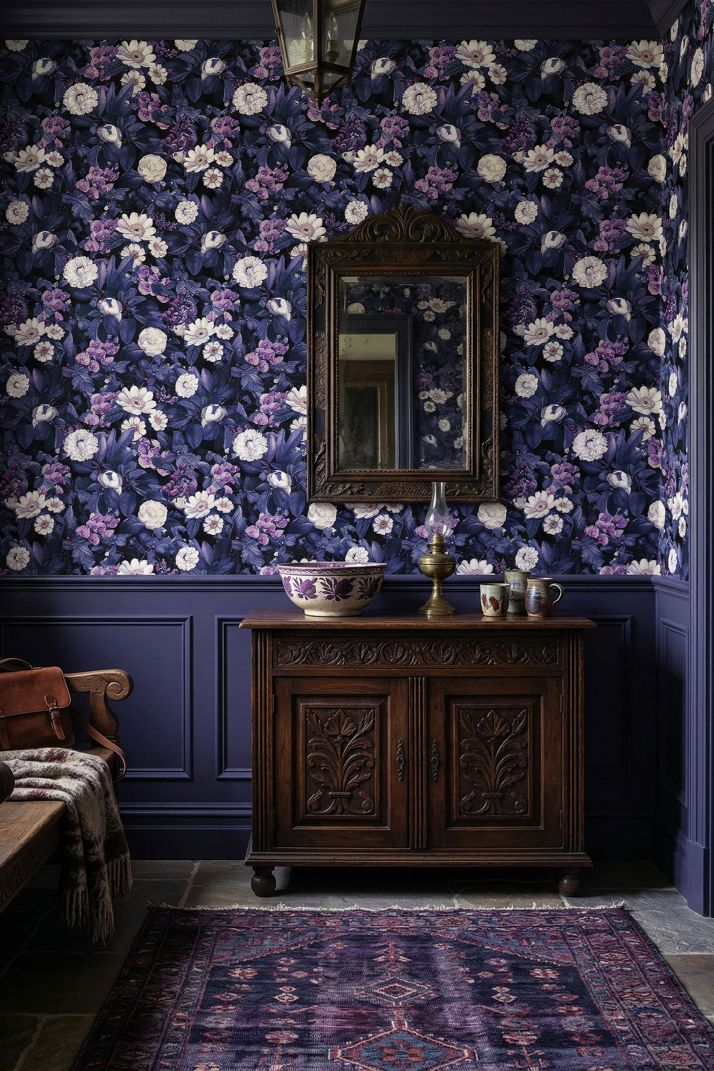 Violet Hour wallpaper shown in an entryway