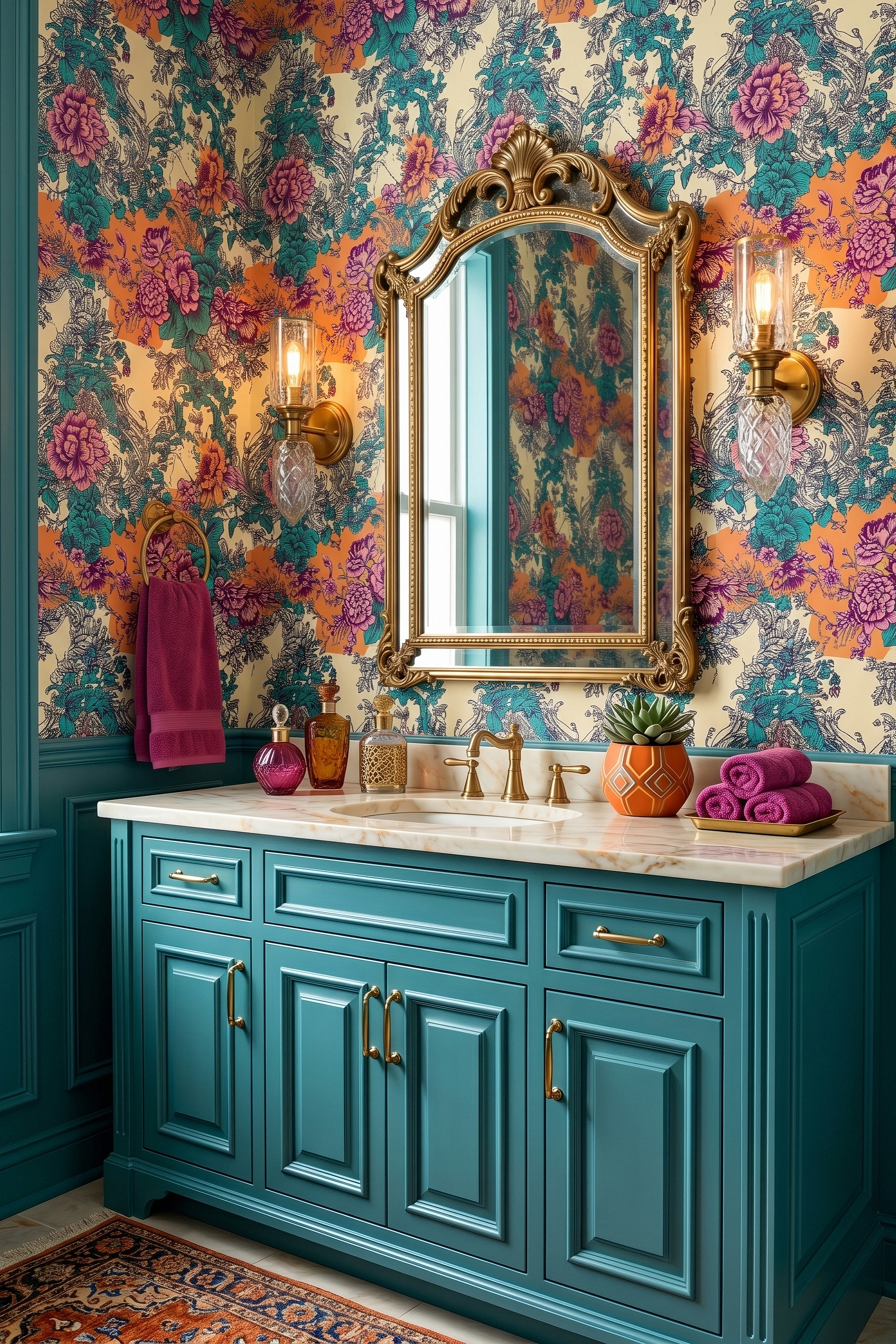 Rococo Coral wallpaper shown in a powder room