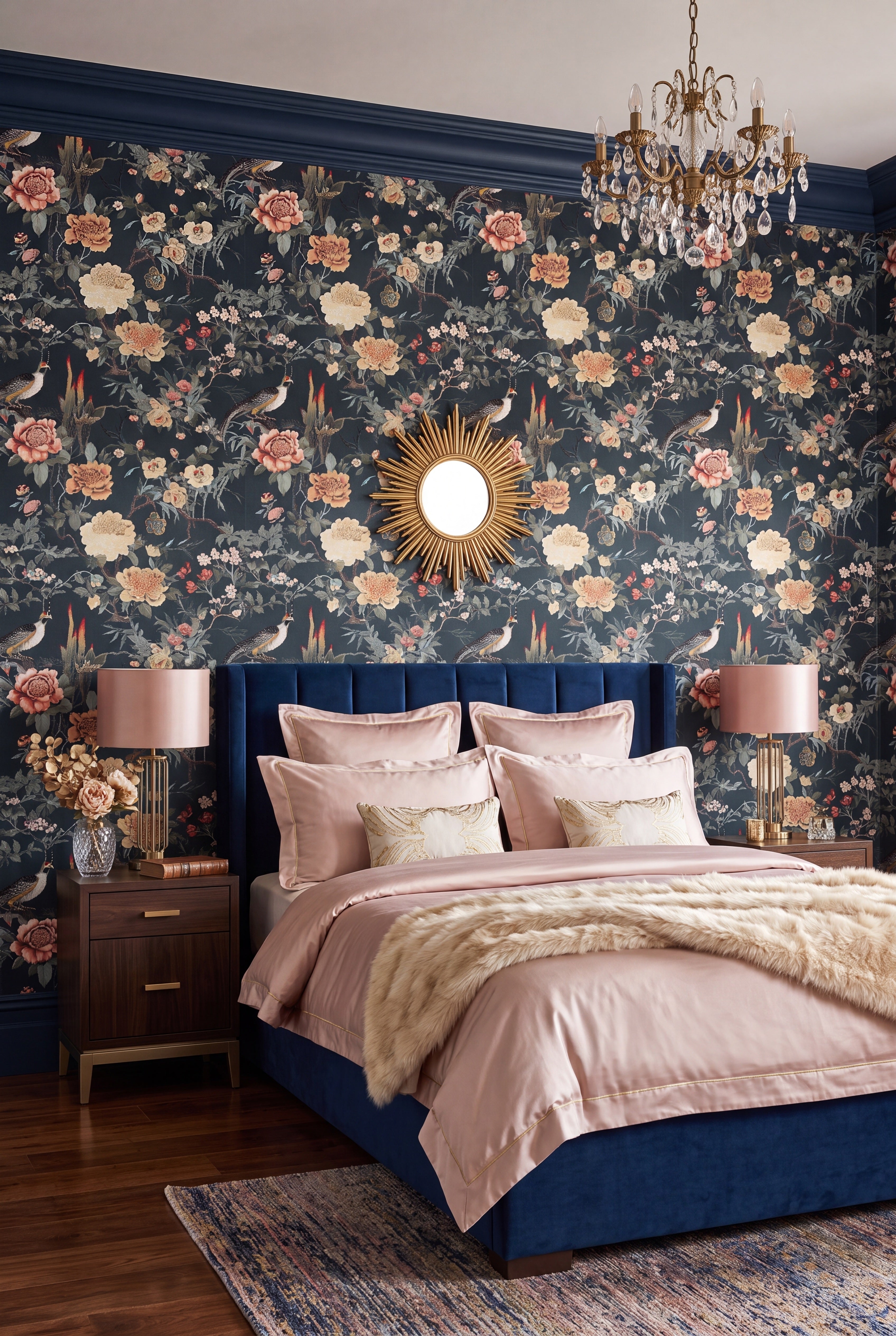 Teal Aviary wallpaper shown in a bedroom