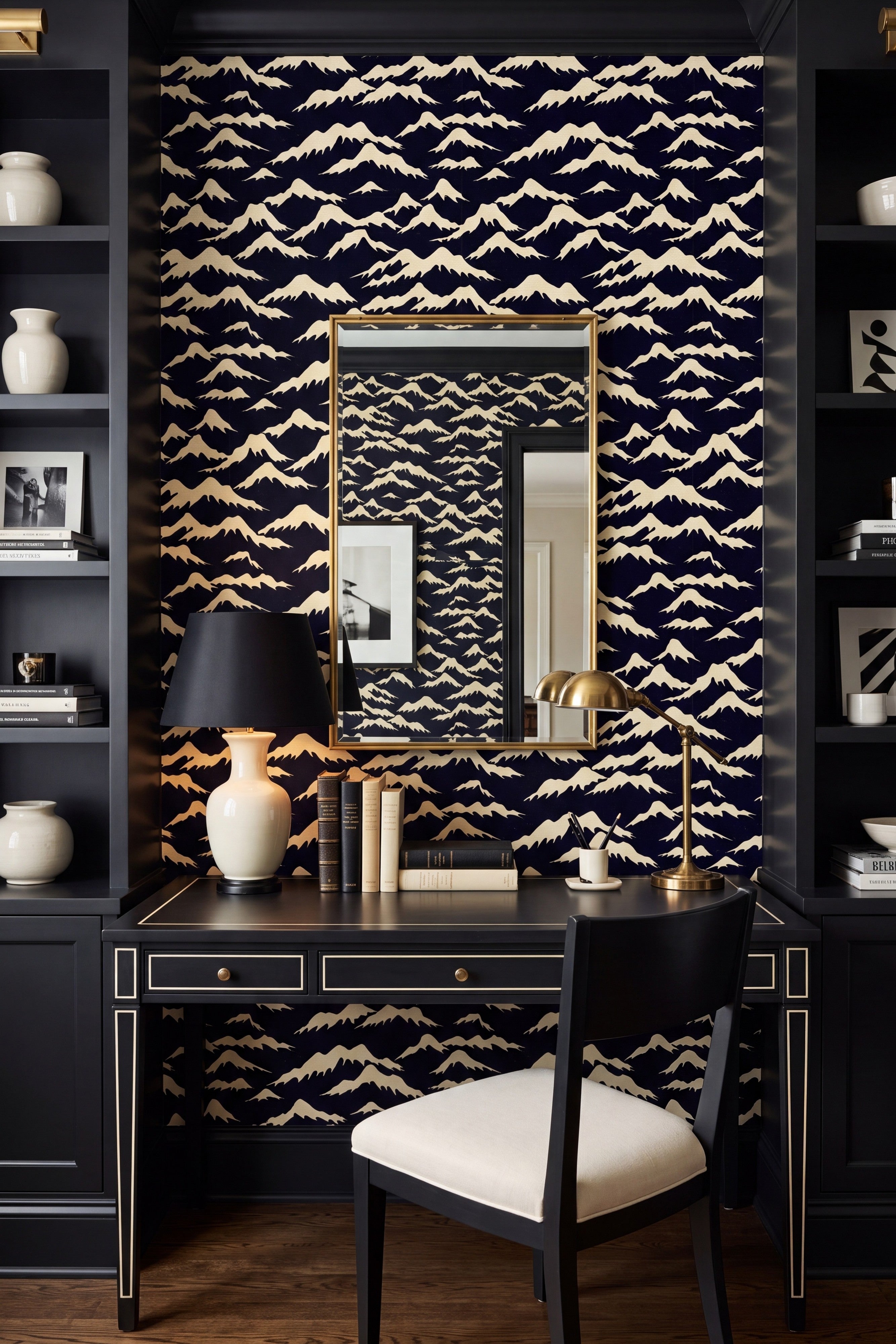Ink Mountain wallpaper shown in a home office