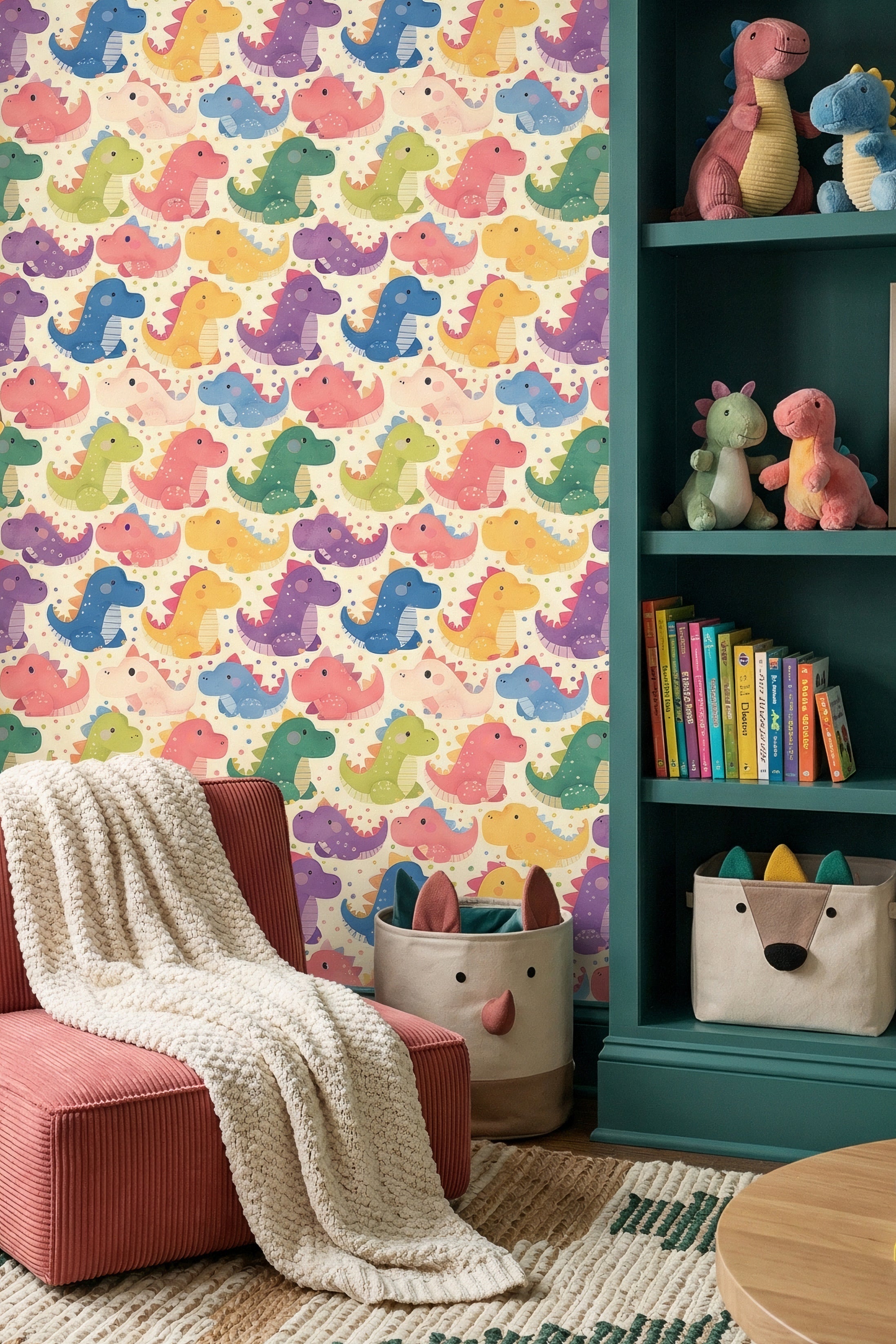 Dino Parade wallpaper shown in a playroom