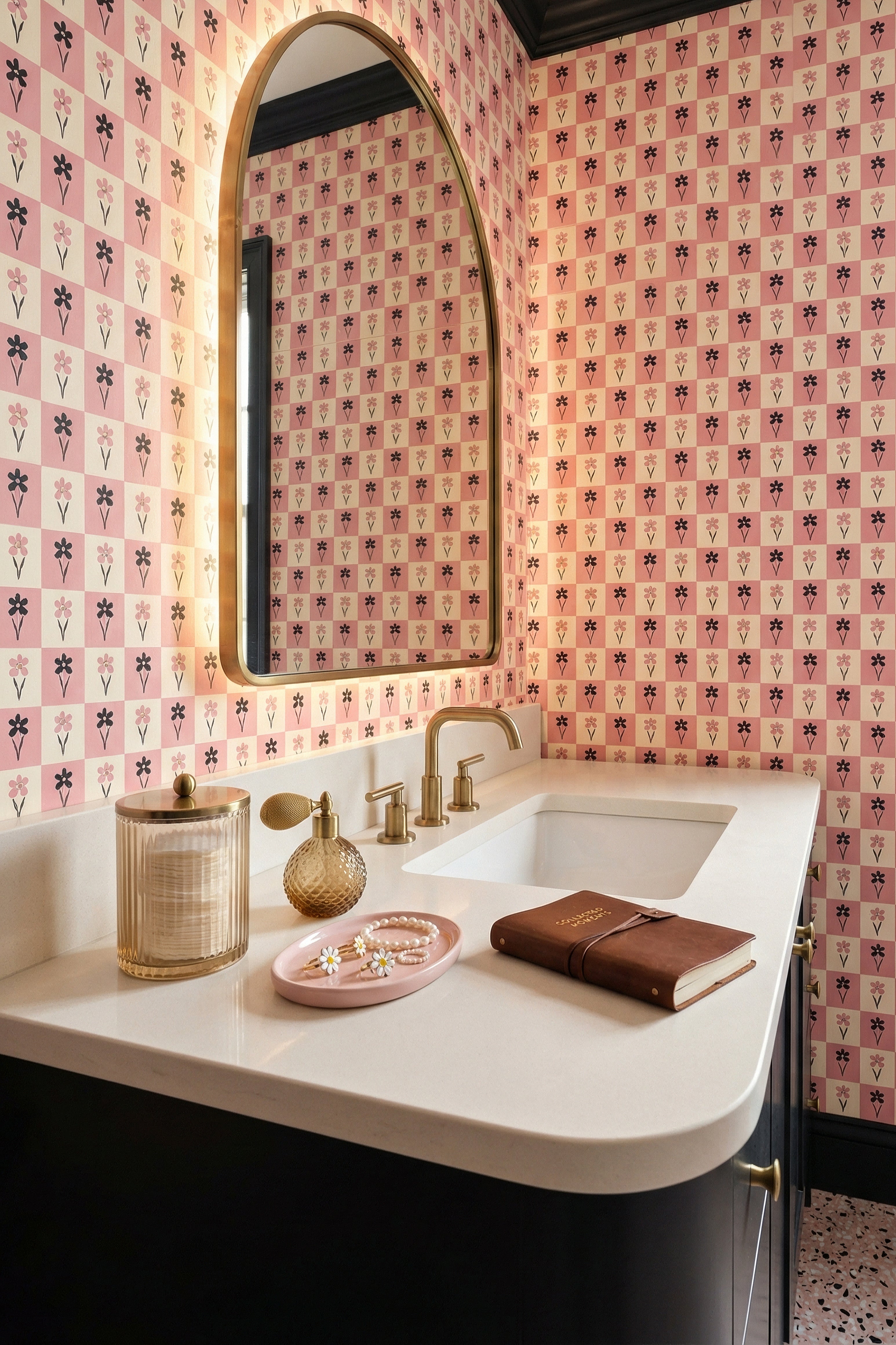 Checkerbloom wallpaper shown in a powder room