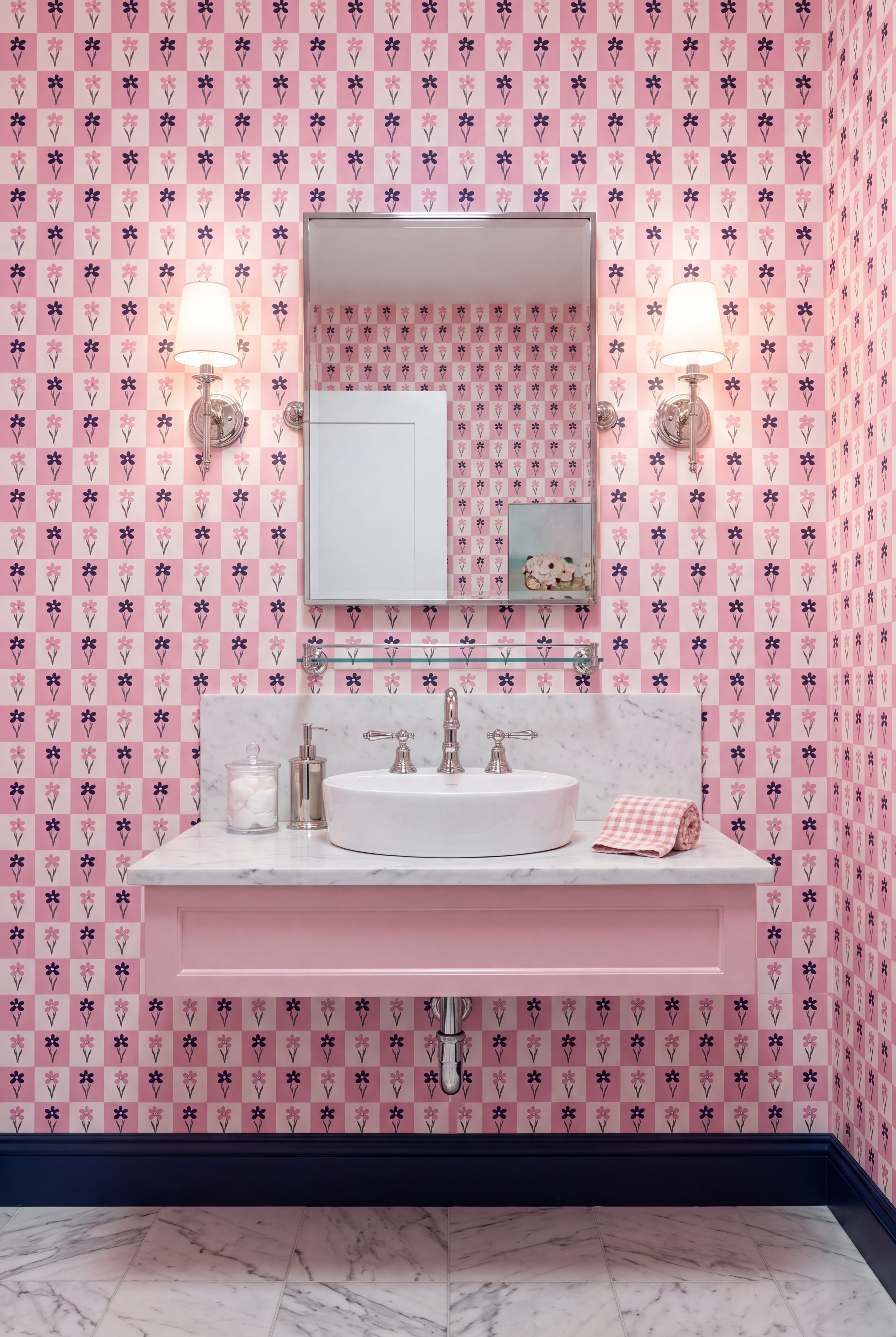 Daisy Darling wallpaper shown in a powder room