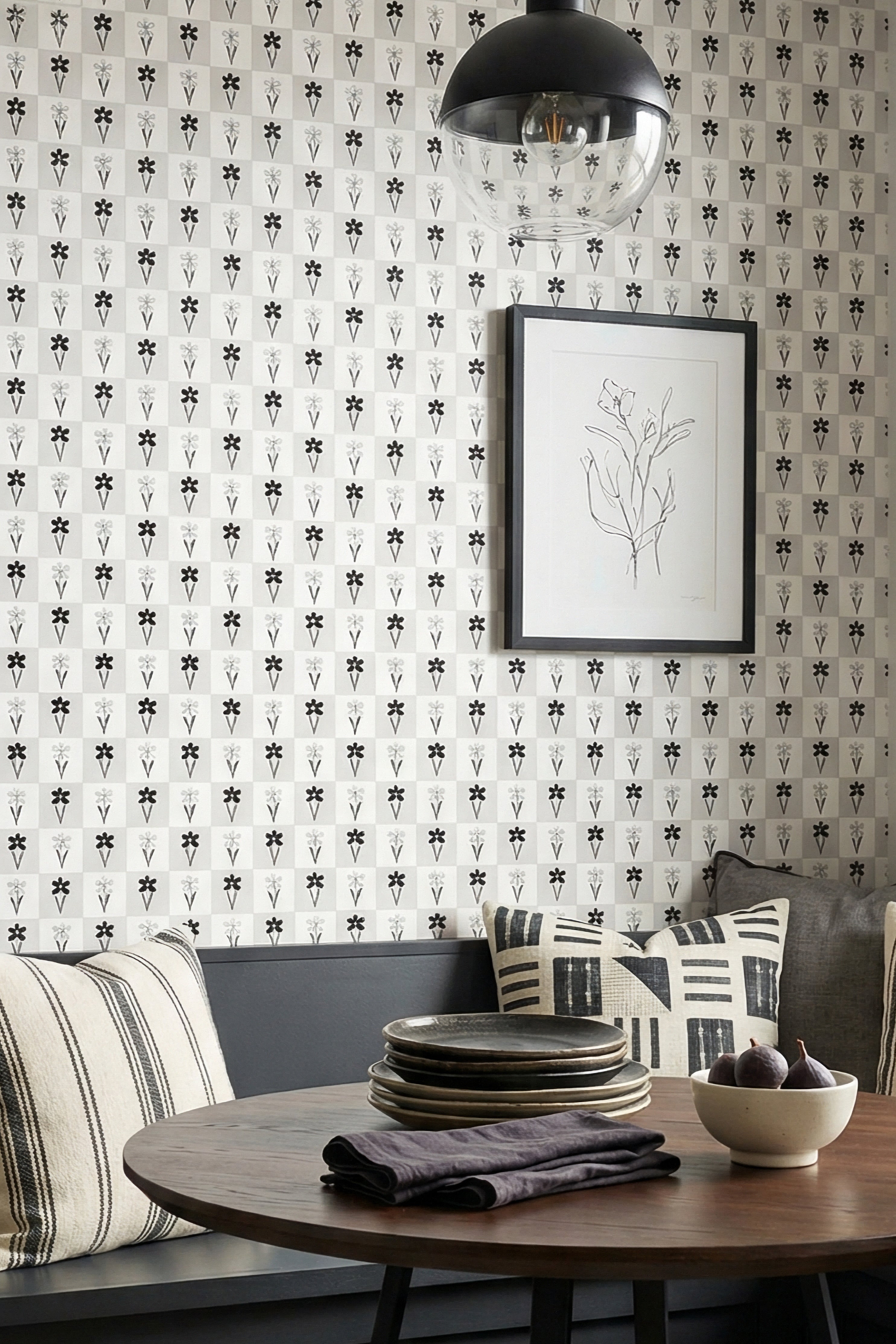 Checkmate wallpaper shown in a cozy nook