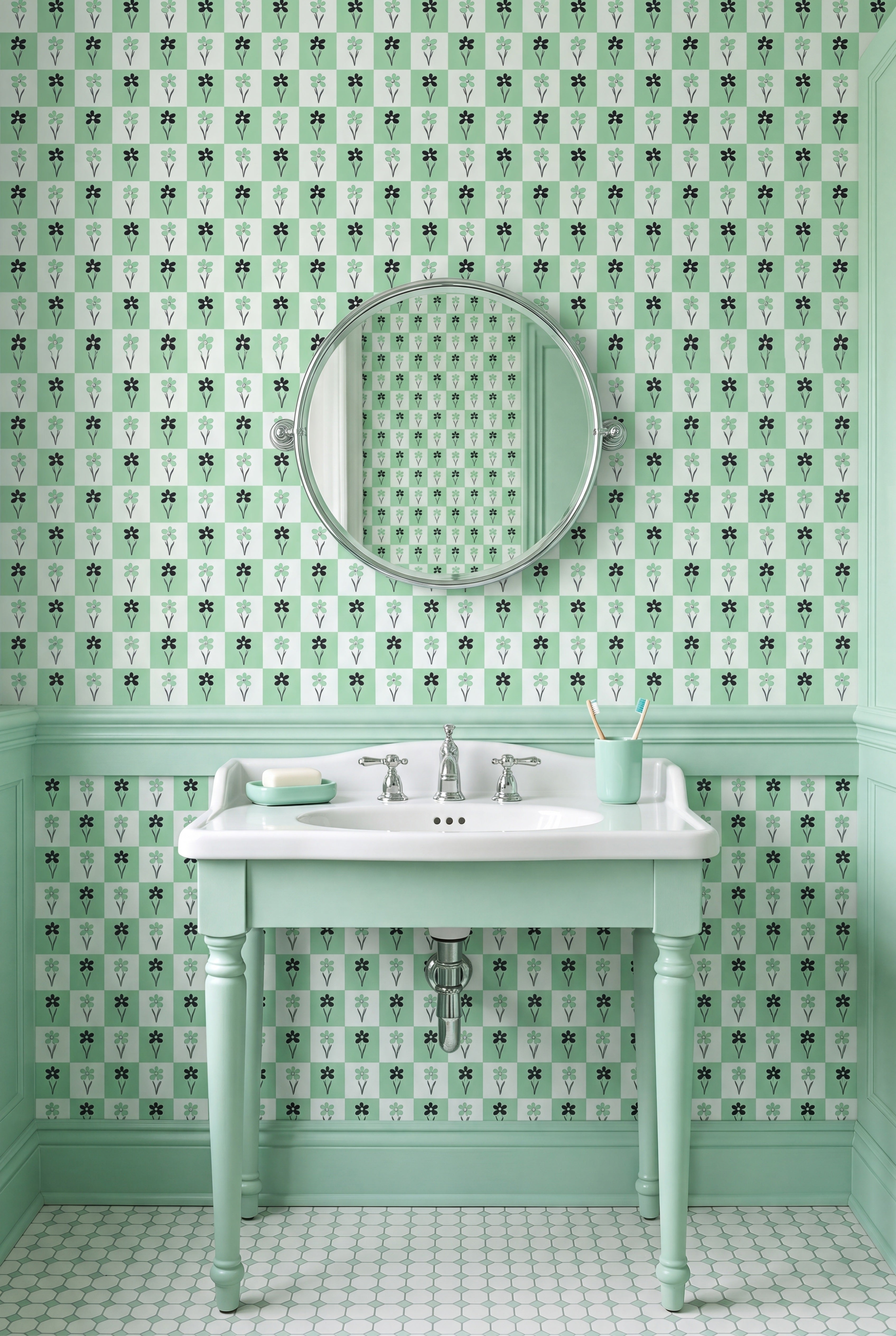 Mint Condition wallpaper shown in a powder room