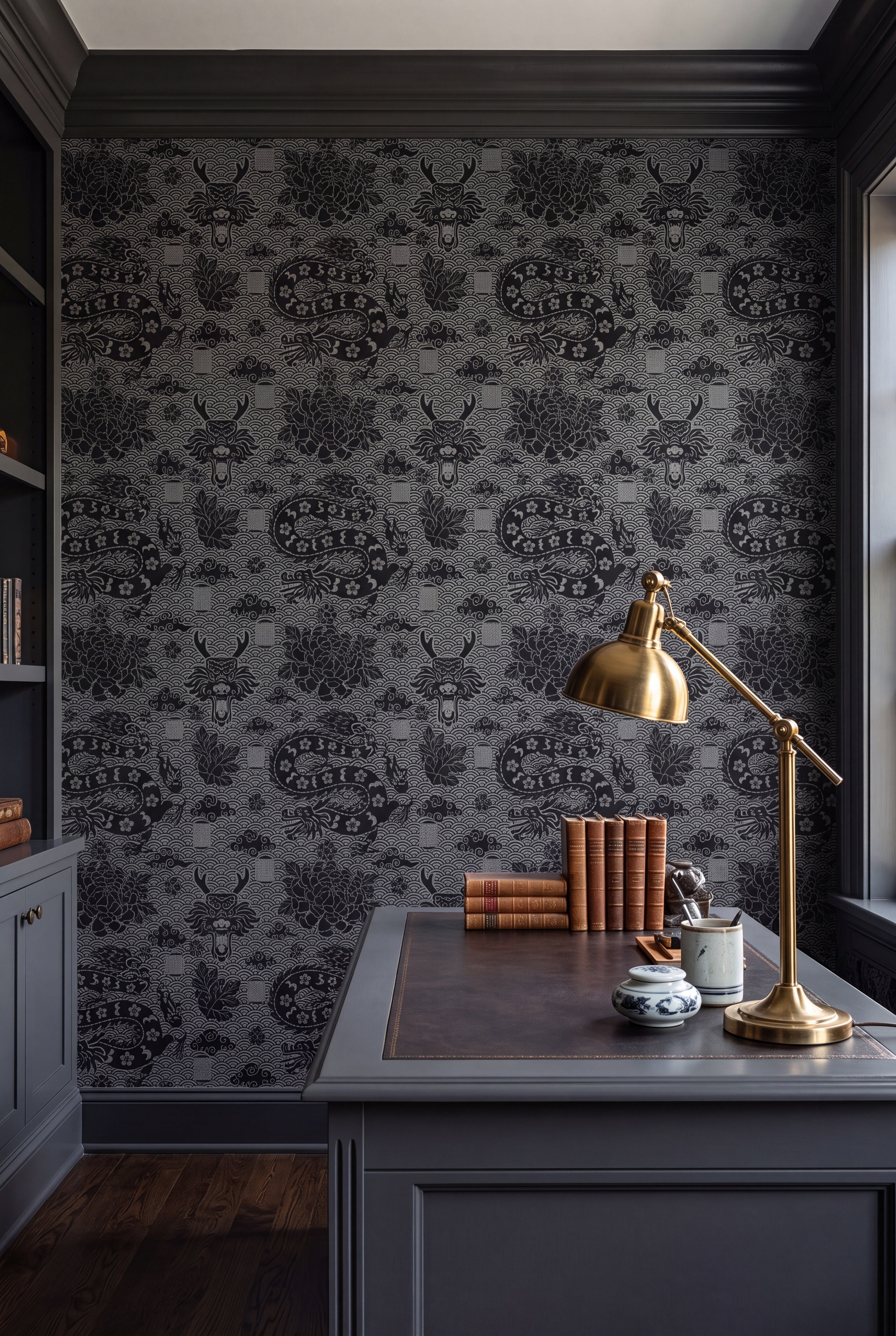 Shadow Dragon wallpaper shown in a home office