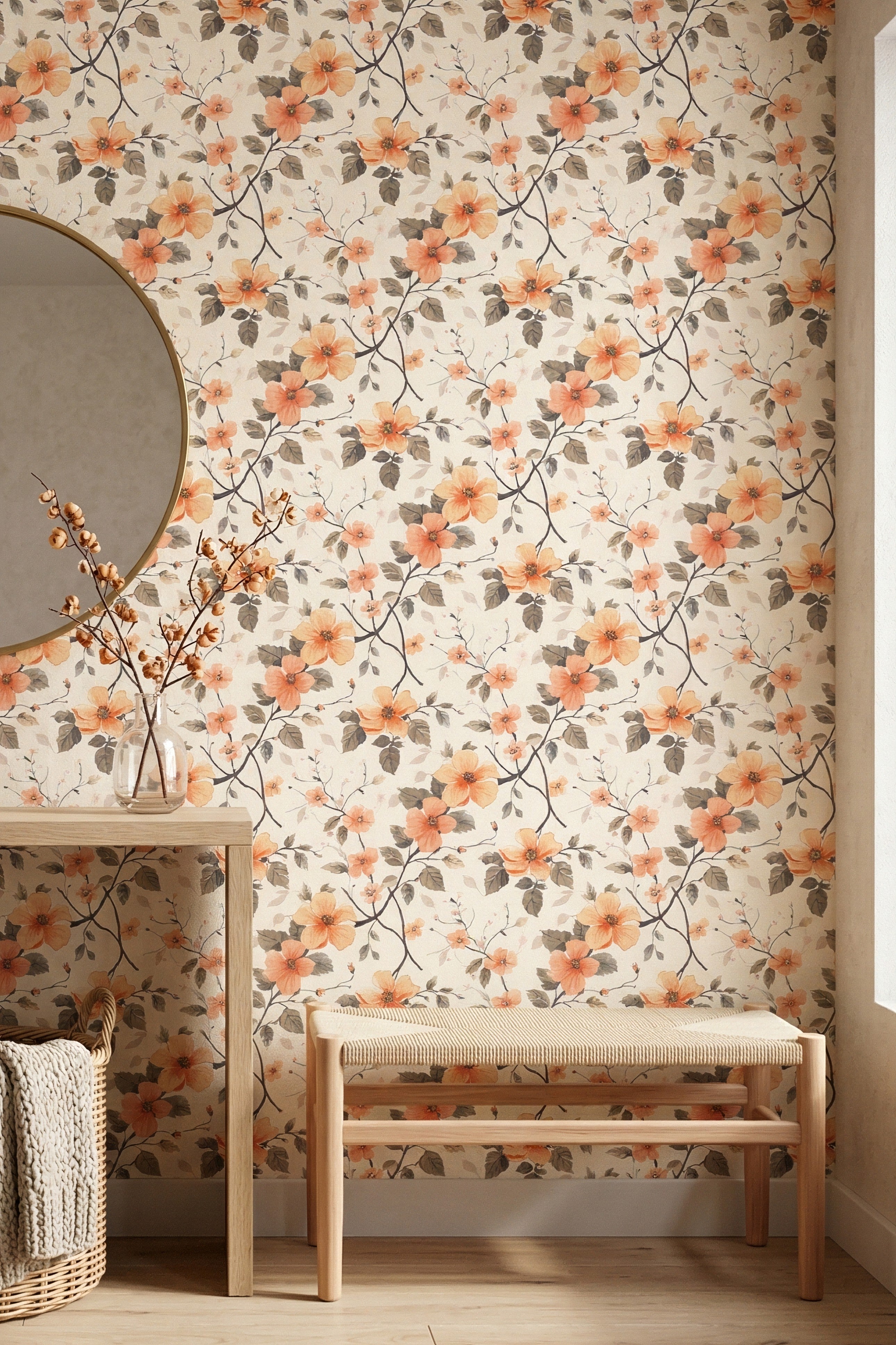Quiet Blossom wallpaper shown in a mudroom