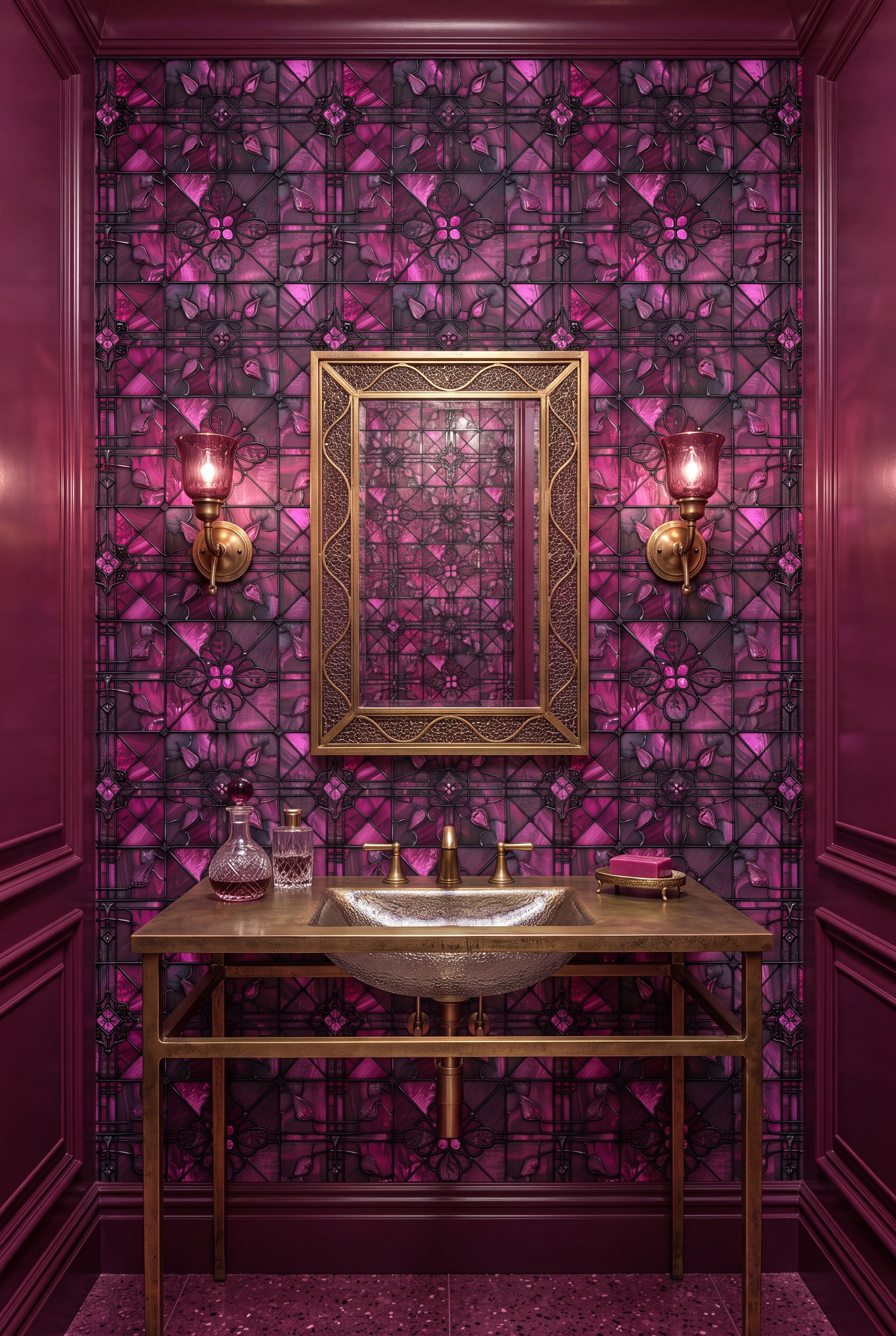 Fuchsia Glass wallpaper shown in a powder room