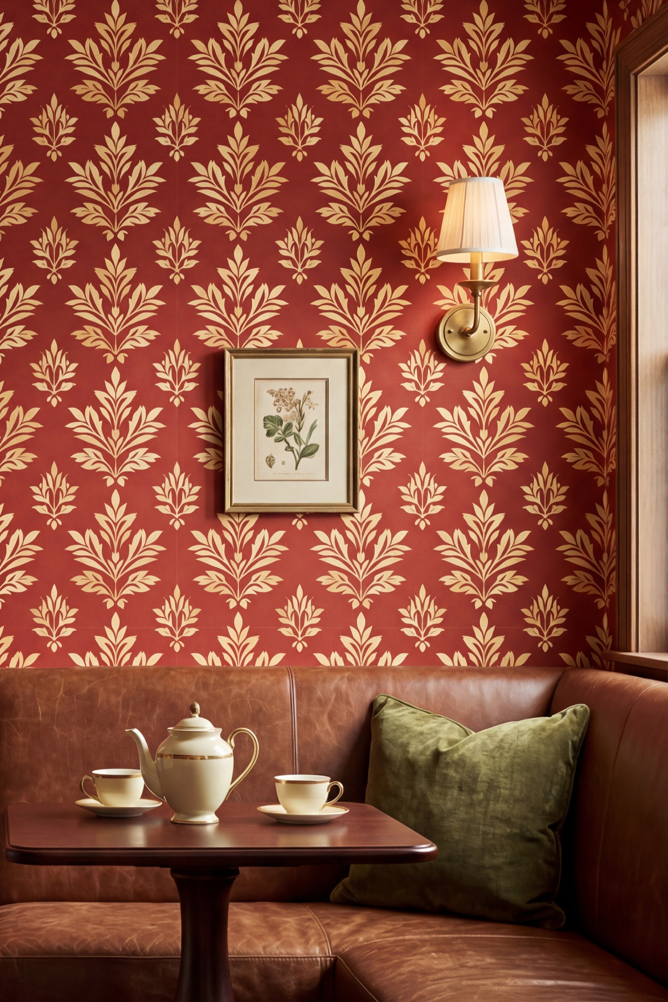 Terra Damask wallpaper shown in a cozy nook