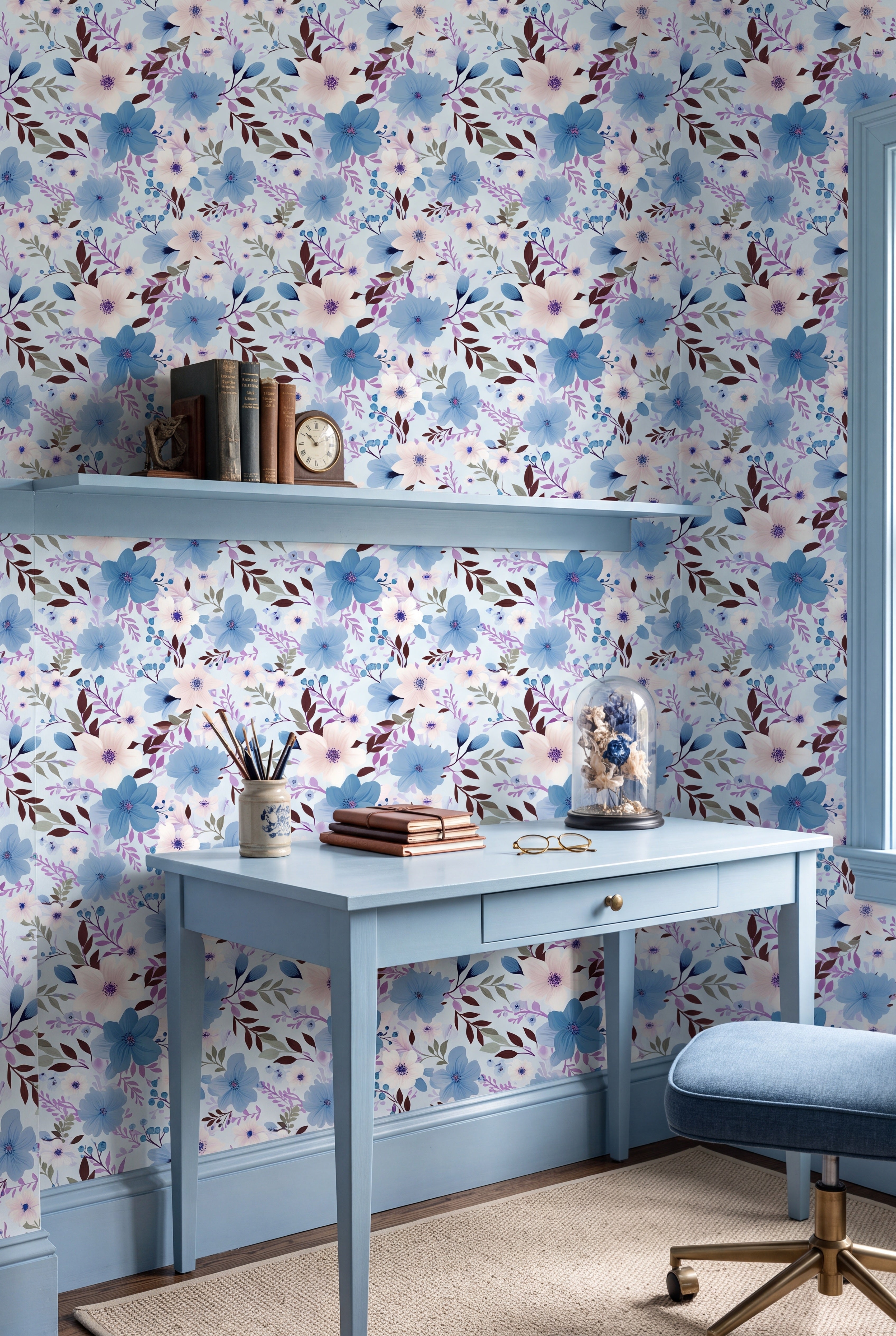 Bluebell Daydream wallpaper shown in a home office