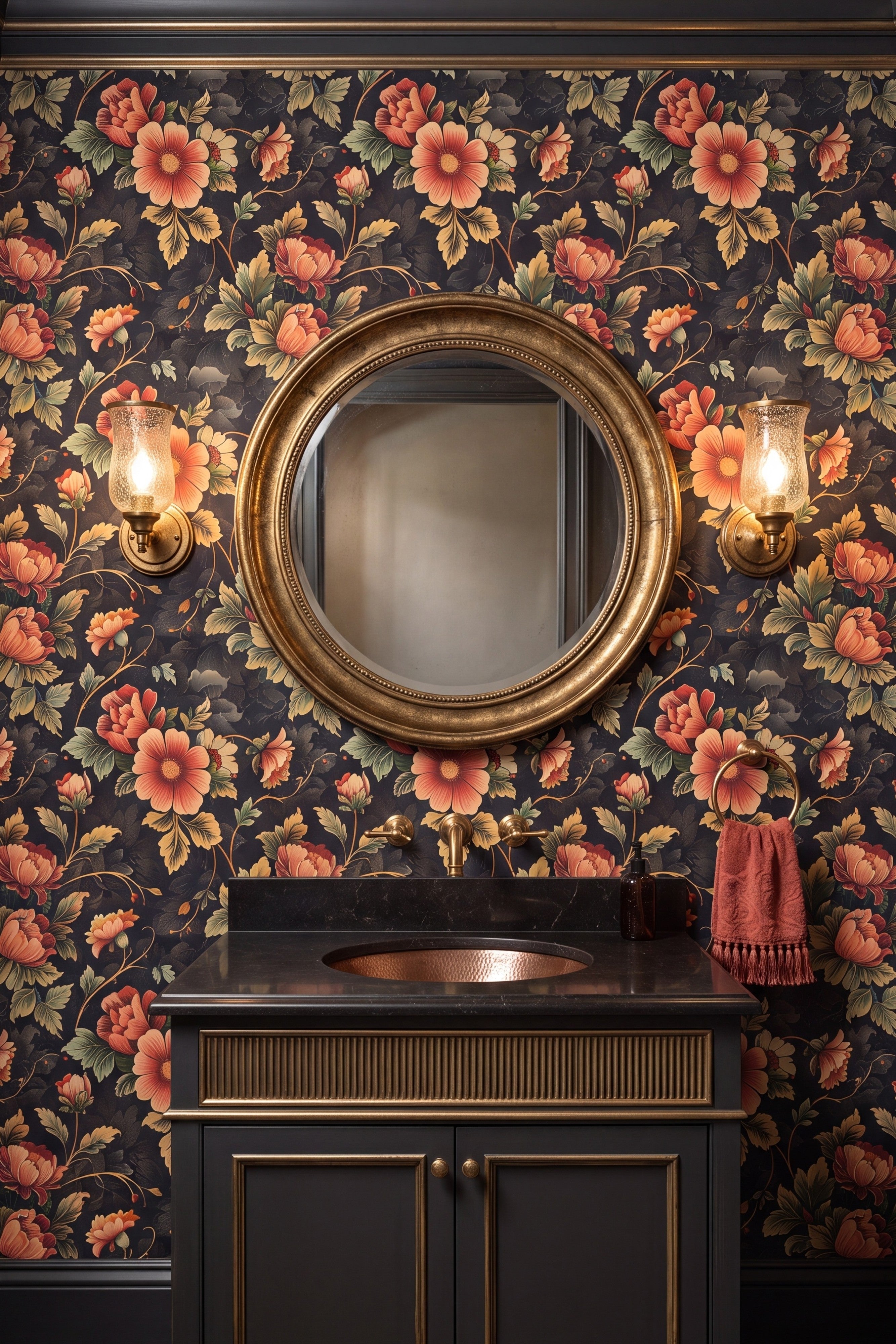 Farmstead wallpaper shown in a powder room