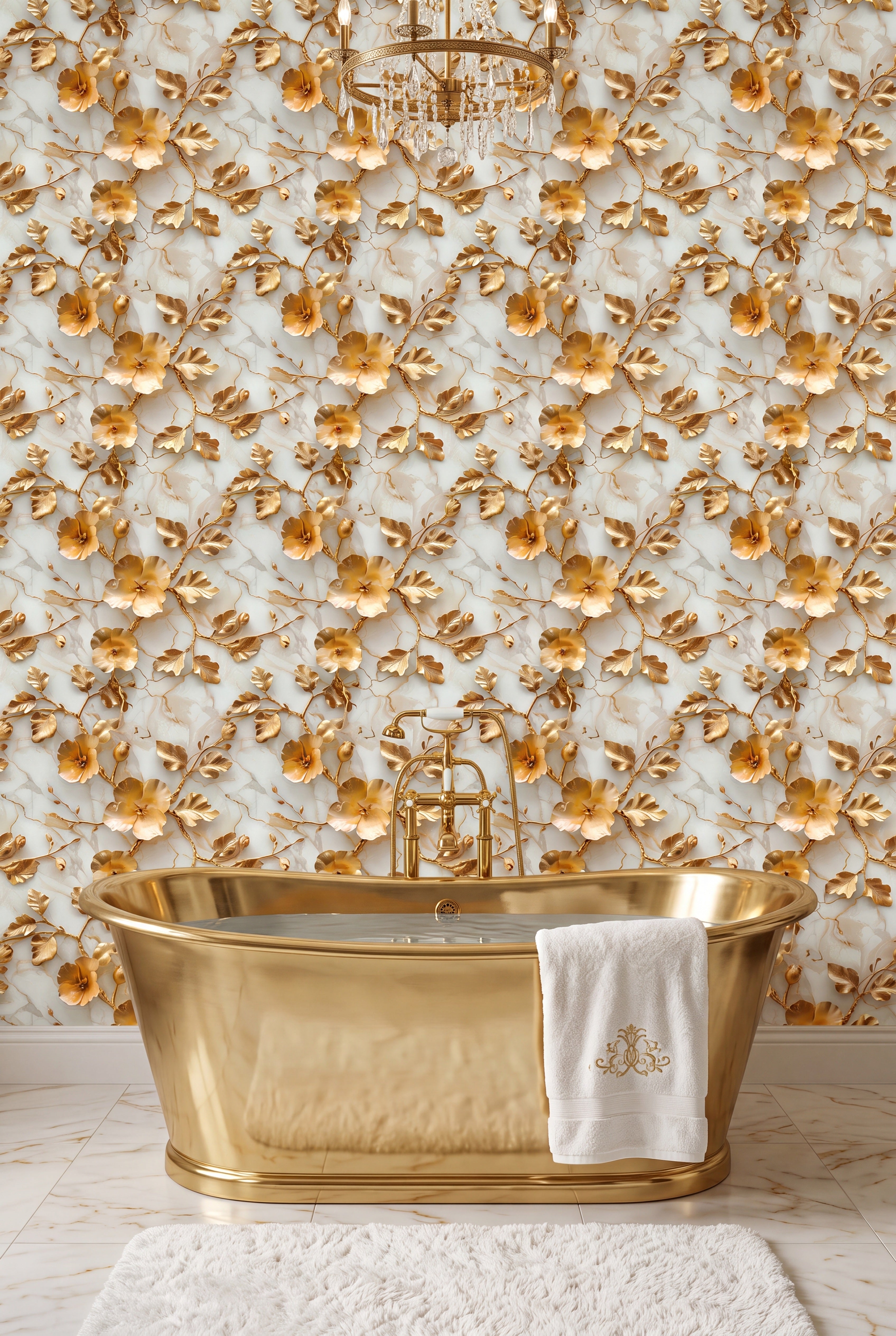 Midas Bloom wallpaper shown in a bathroom