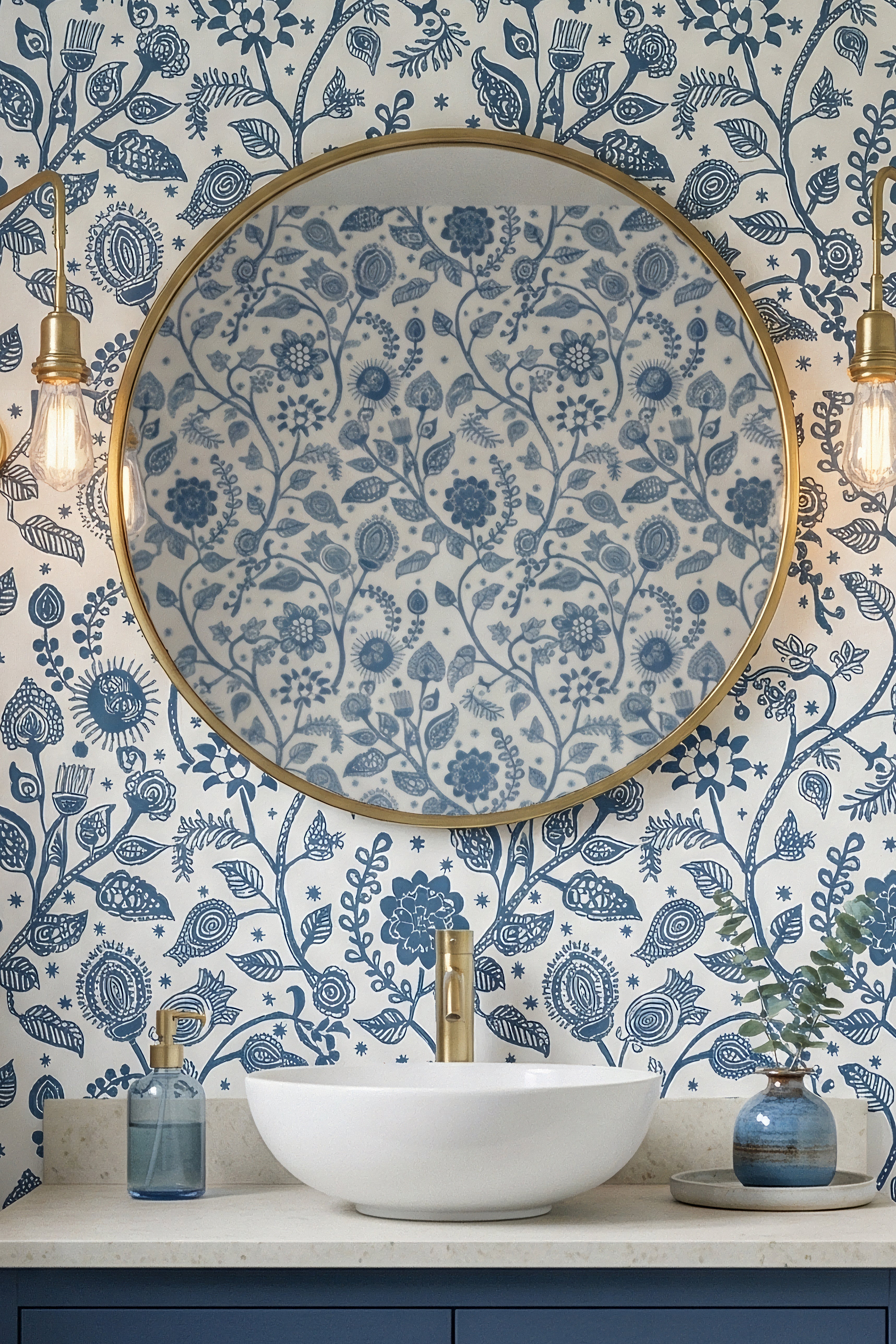 Blue Folk wallpaper shown in a powder room