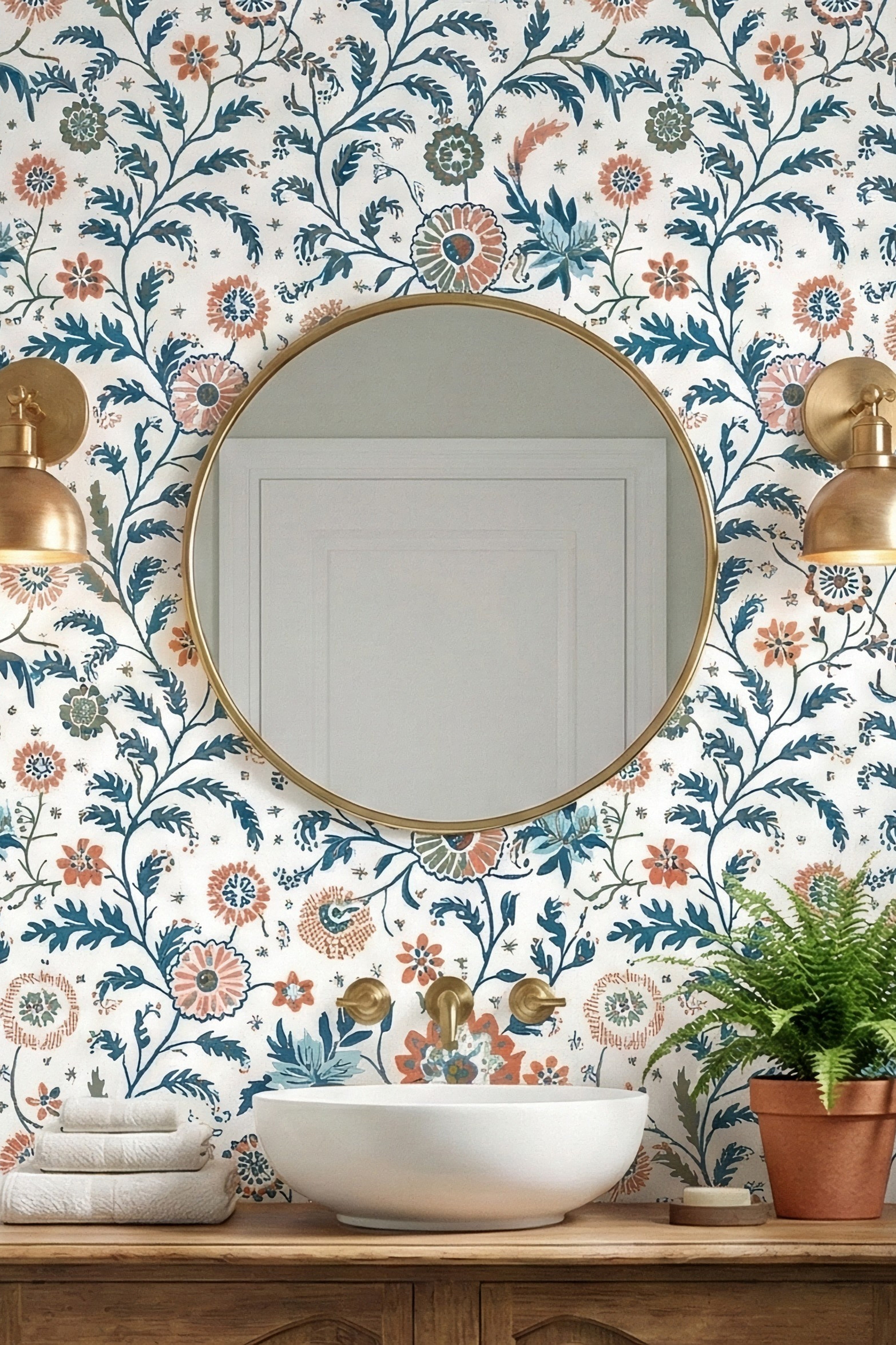 Folk Song wallpaper shown in a powder room