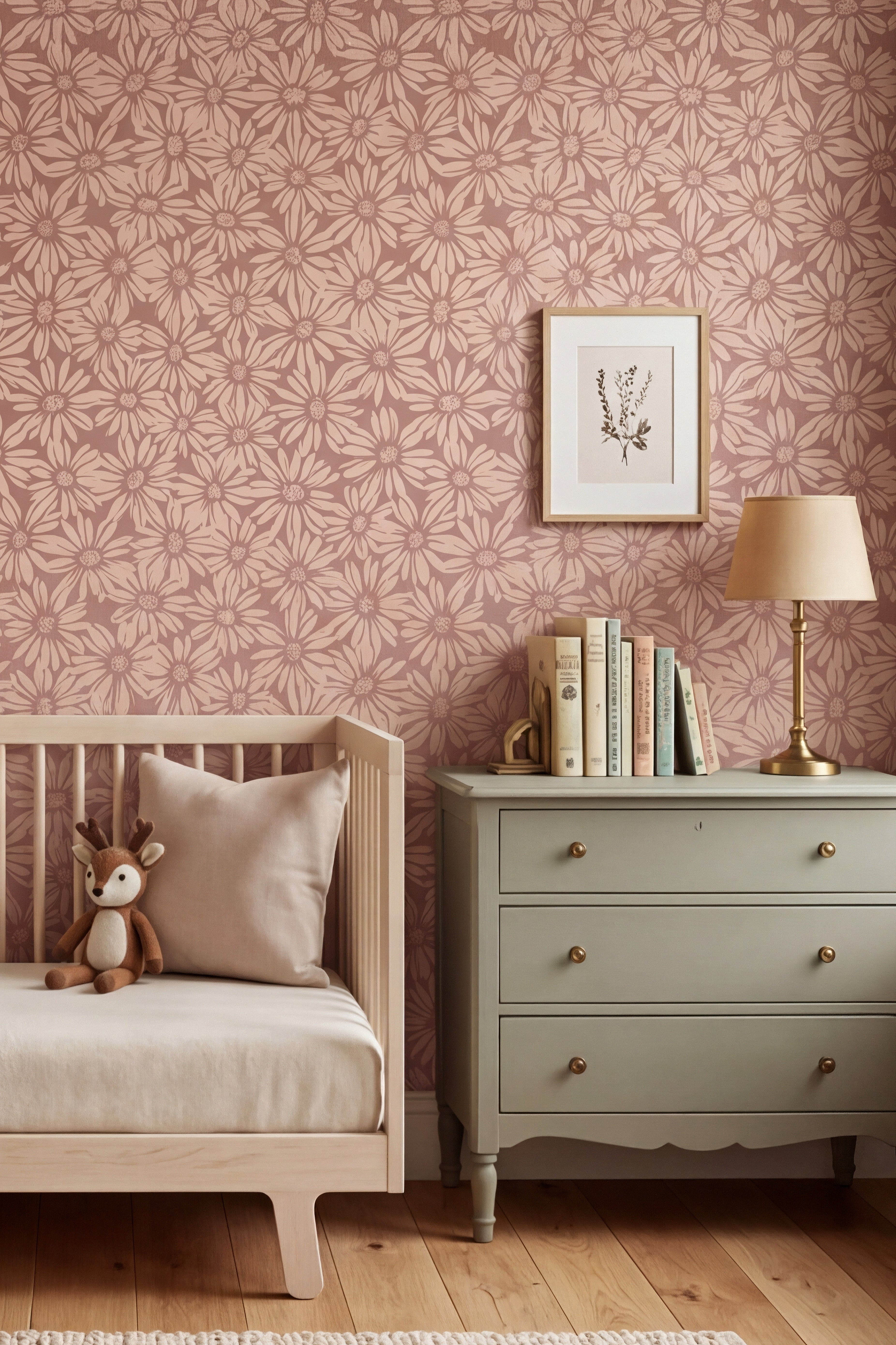 Mocha Daisy wallpaper shown in a kids' bedroom