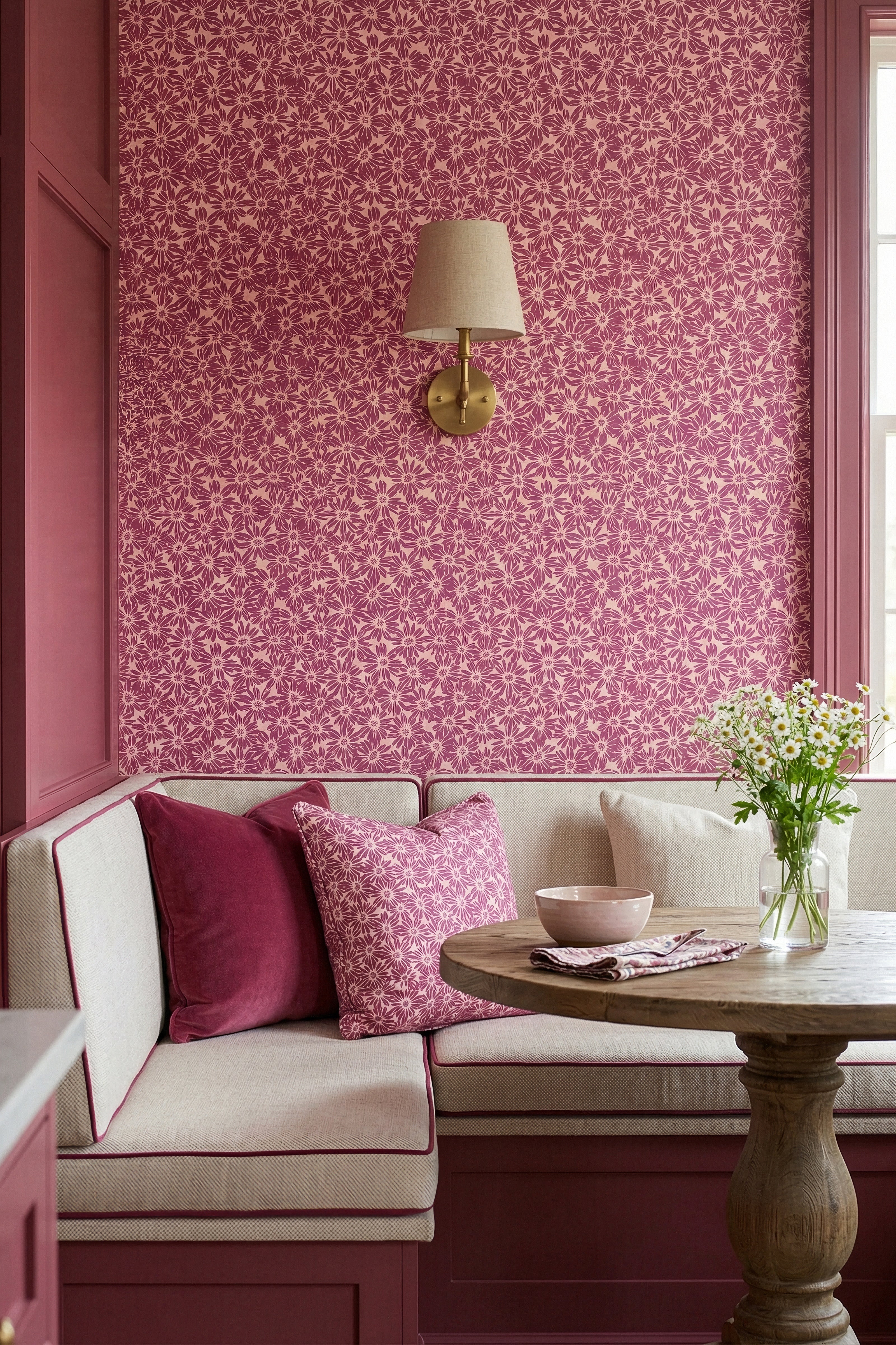 Disco Daisy wallpaper shown in a cozy nook