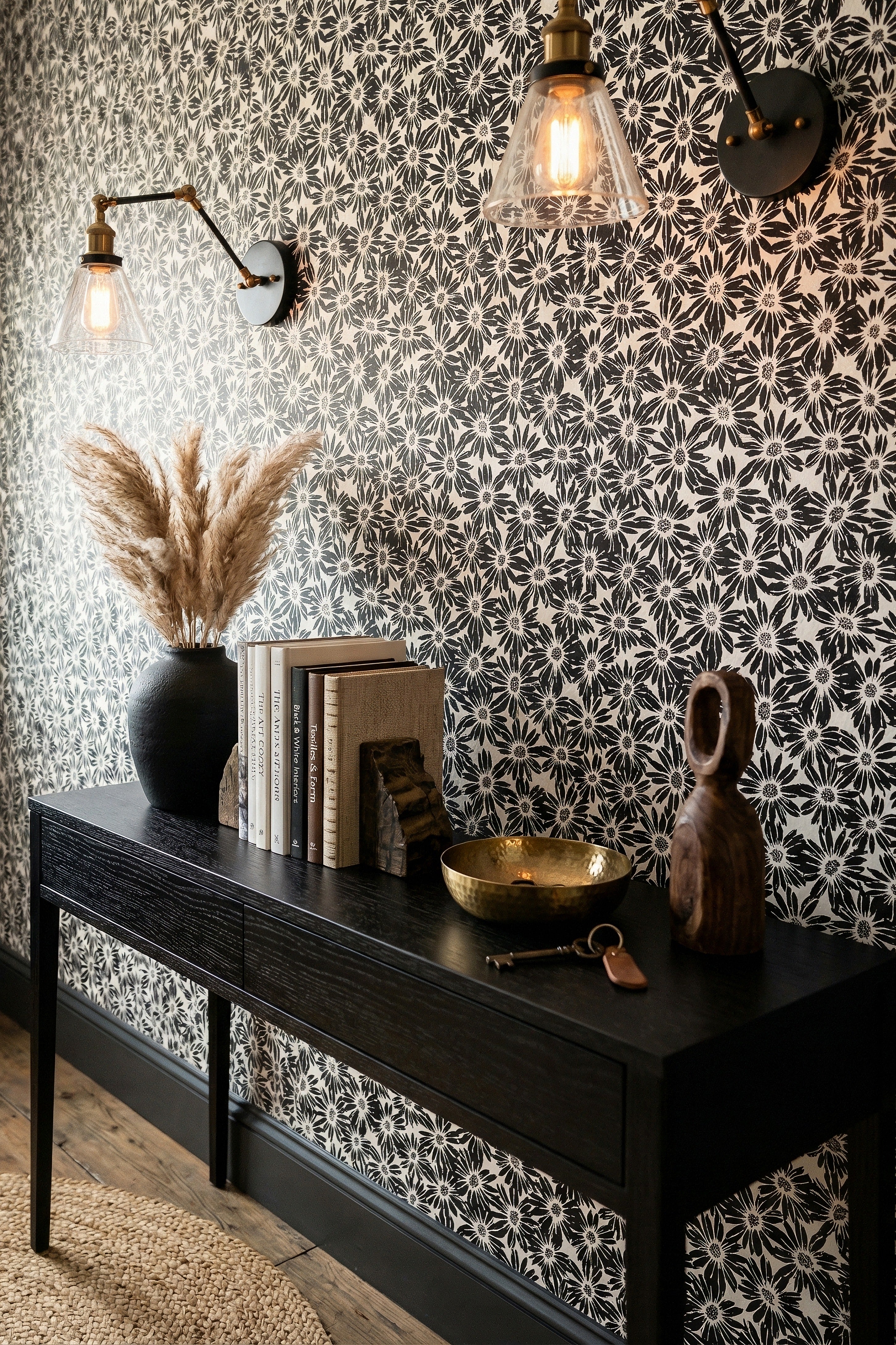 Daisy Noir wallpaper shown in an entryway