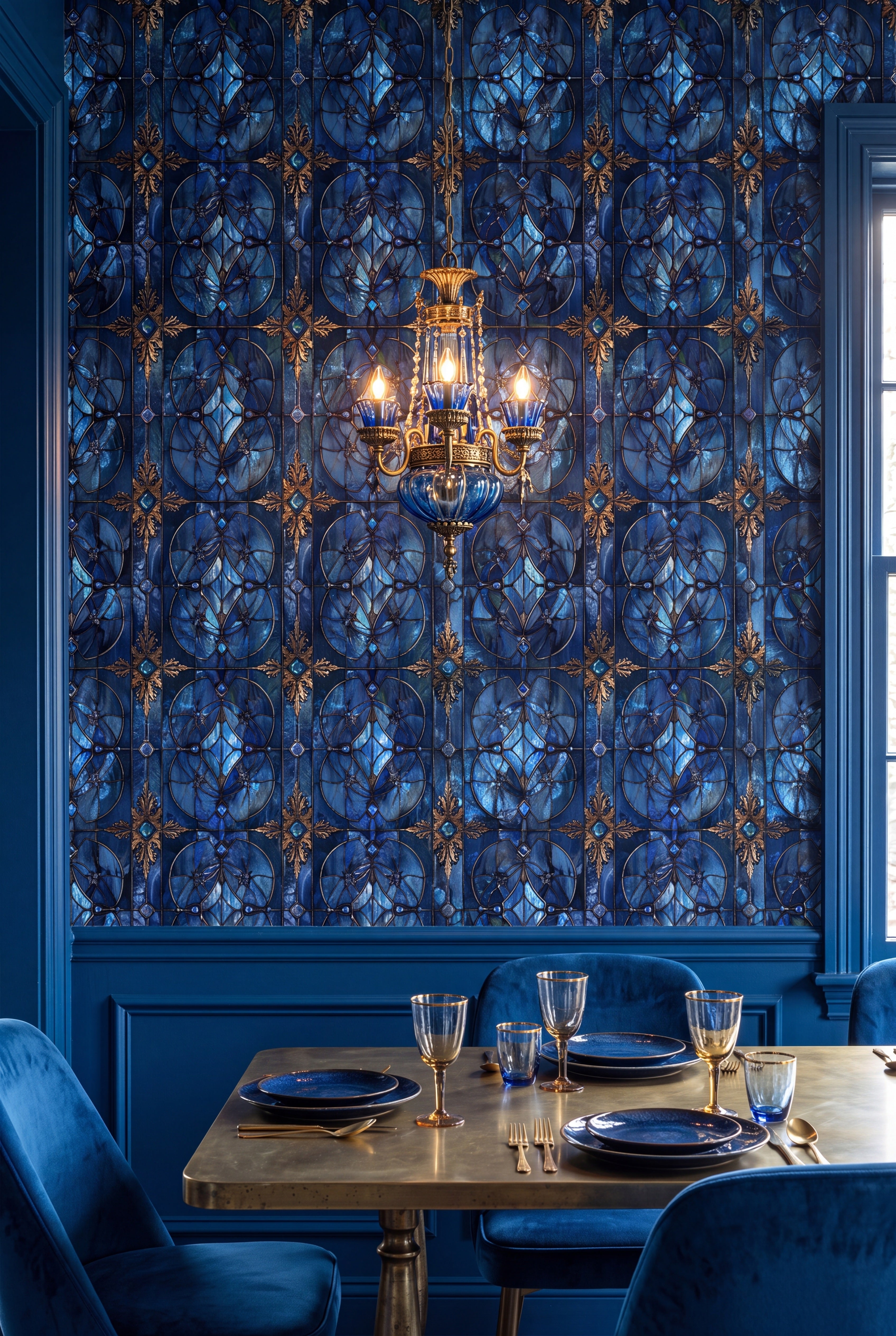 Cathedral Blue wallpaper shown in a cozy nook