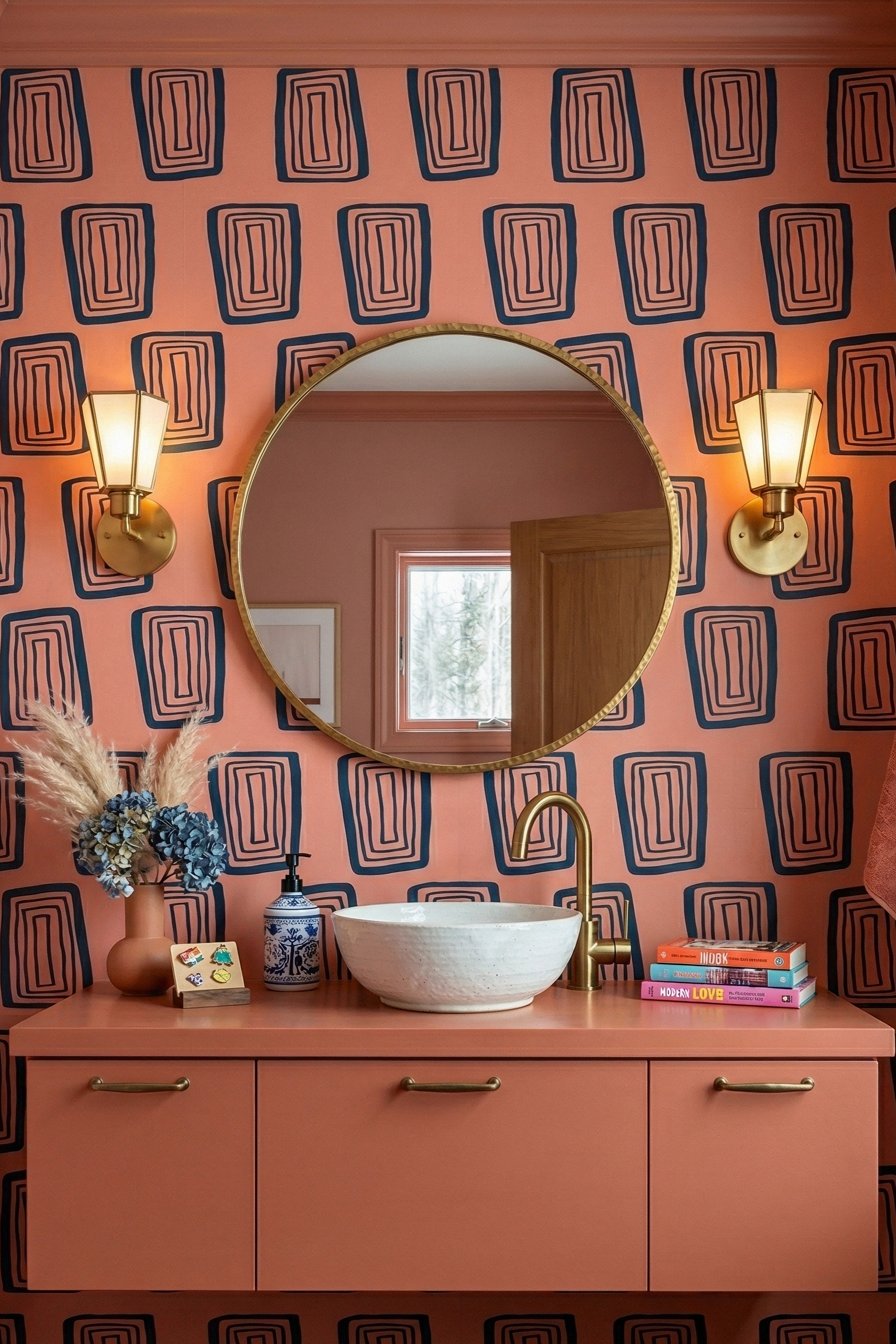Coral Groove wallpaper shown in a powder room