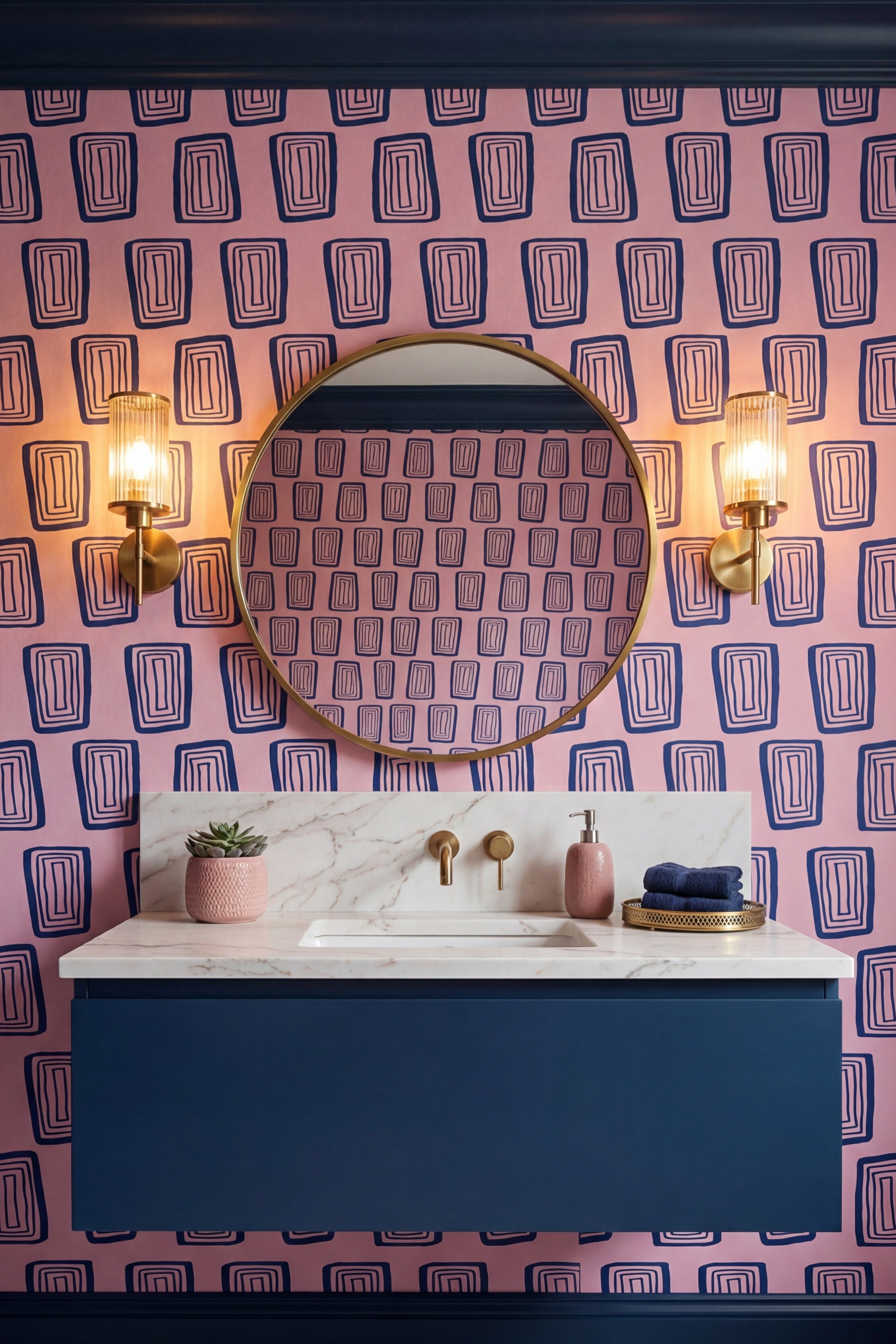 Mod Duet wallpaper shown in a powder room