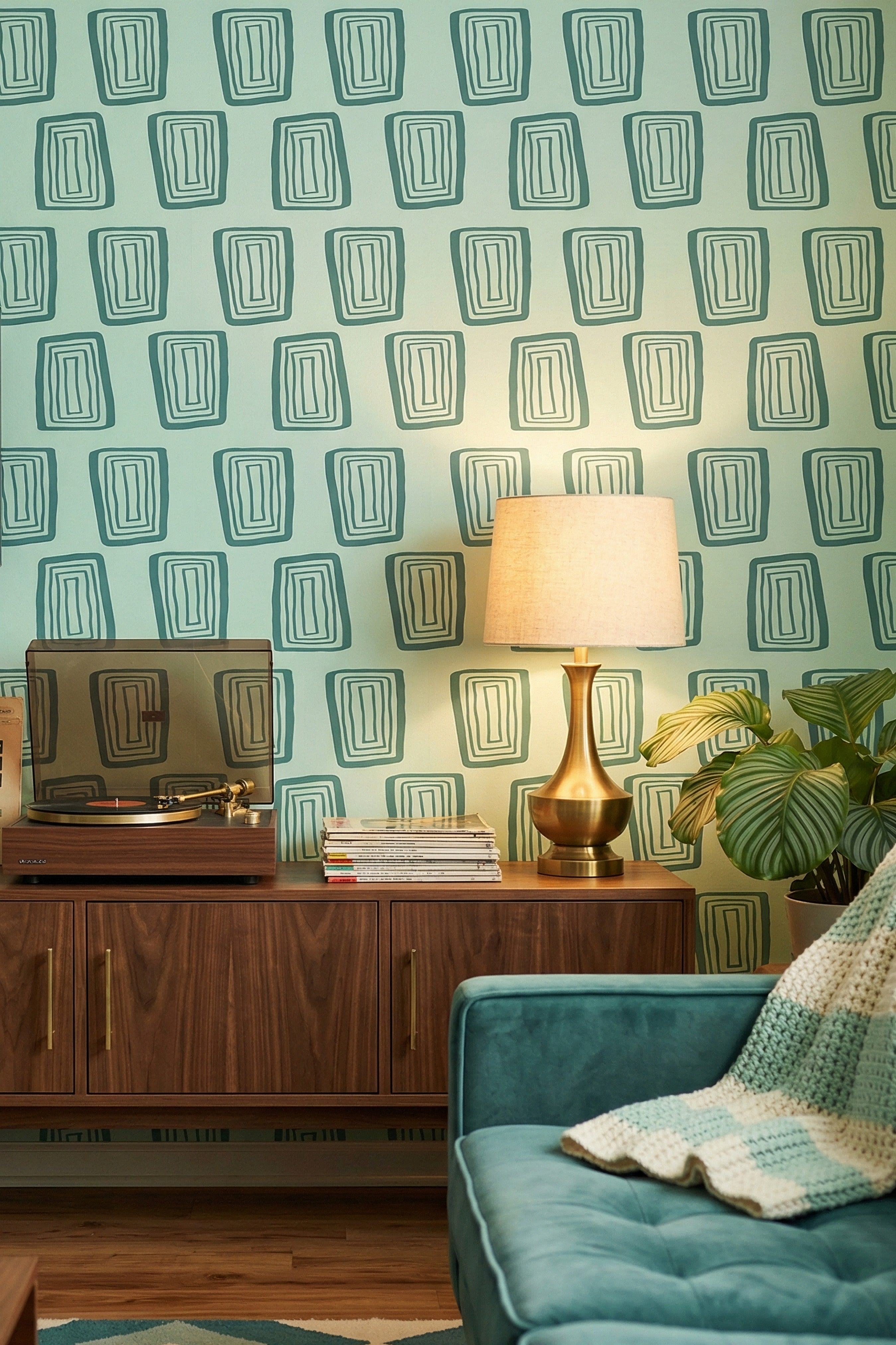 Green Groove wallpaper shown in a media room