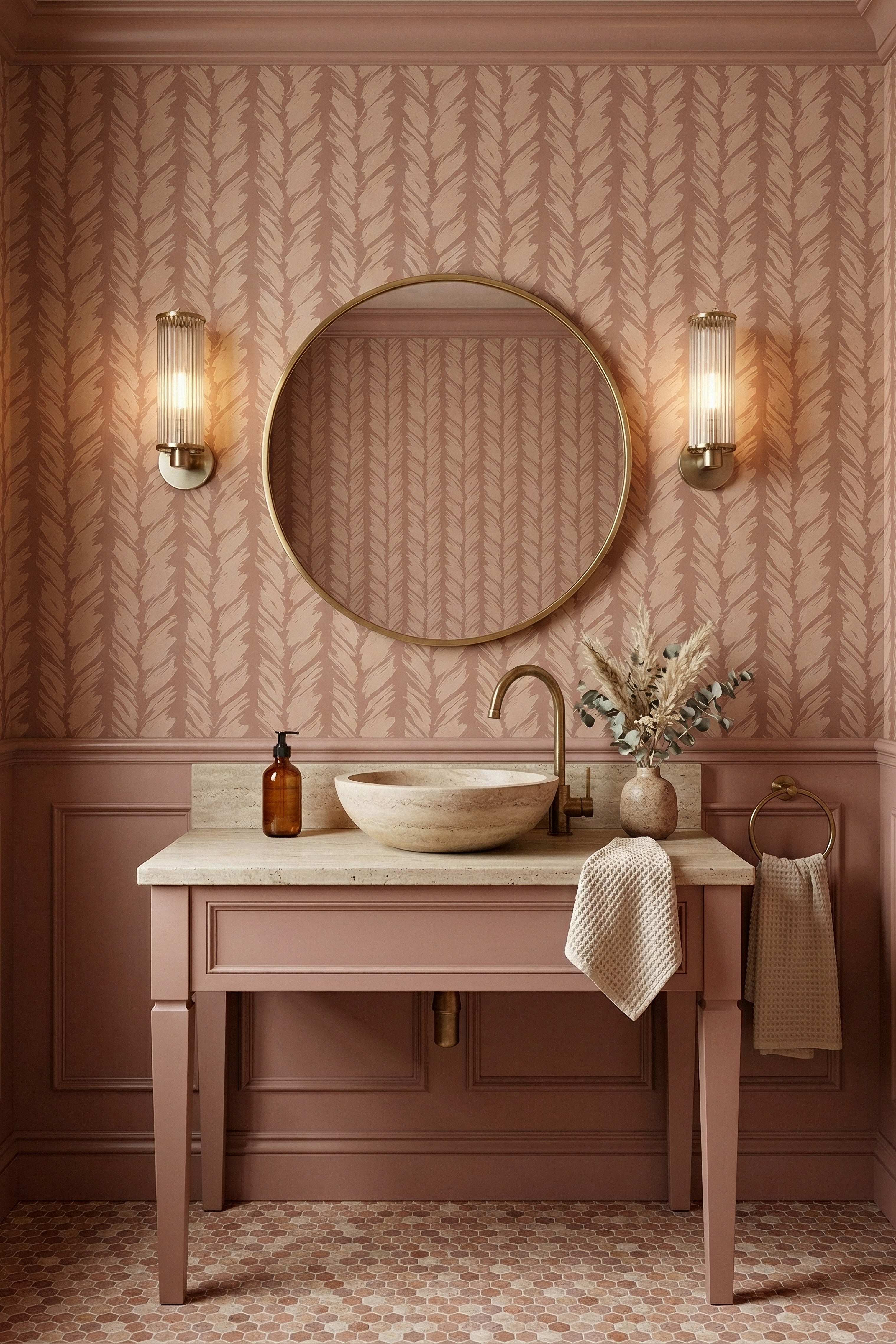 Mocha Brush wallpaper shown in a powder room