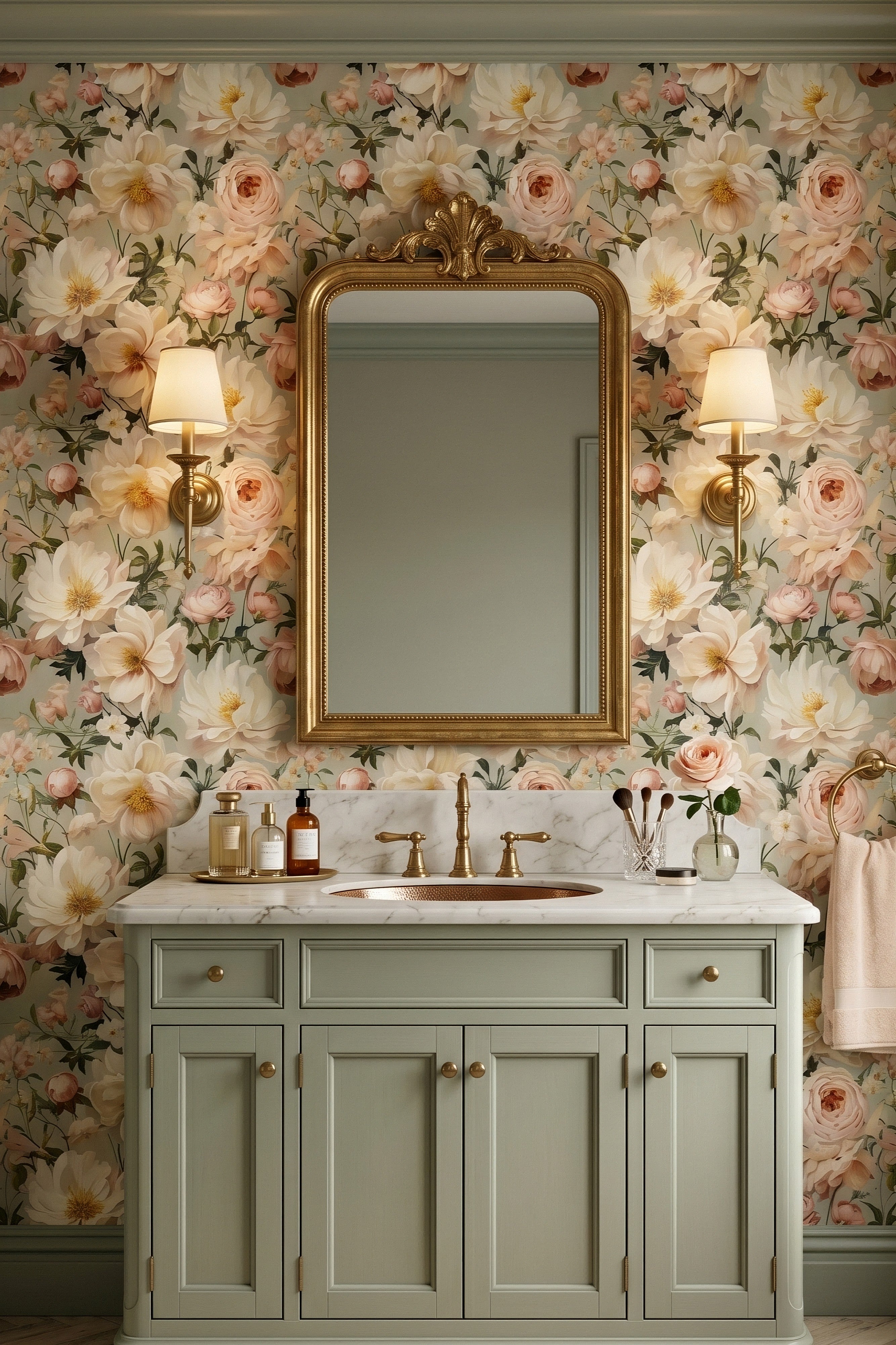 Parlor Cream wallpaper shown in a powder room