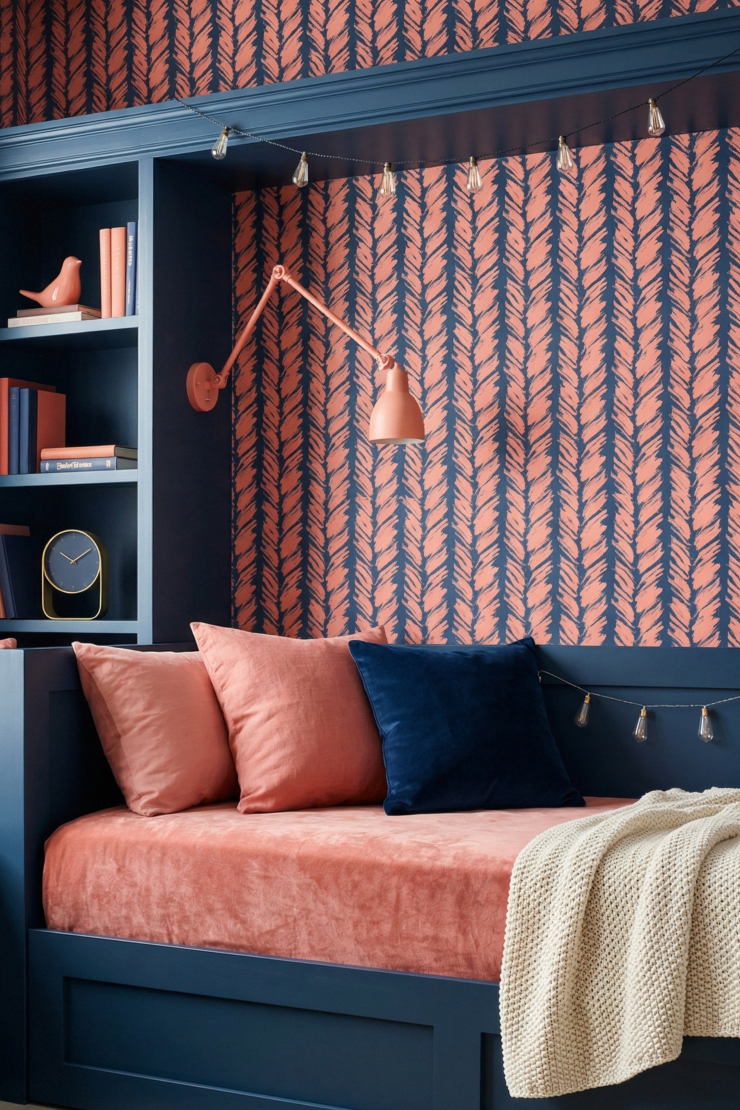 Harbor Brush wallpaper shown in a cozy nook