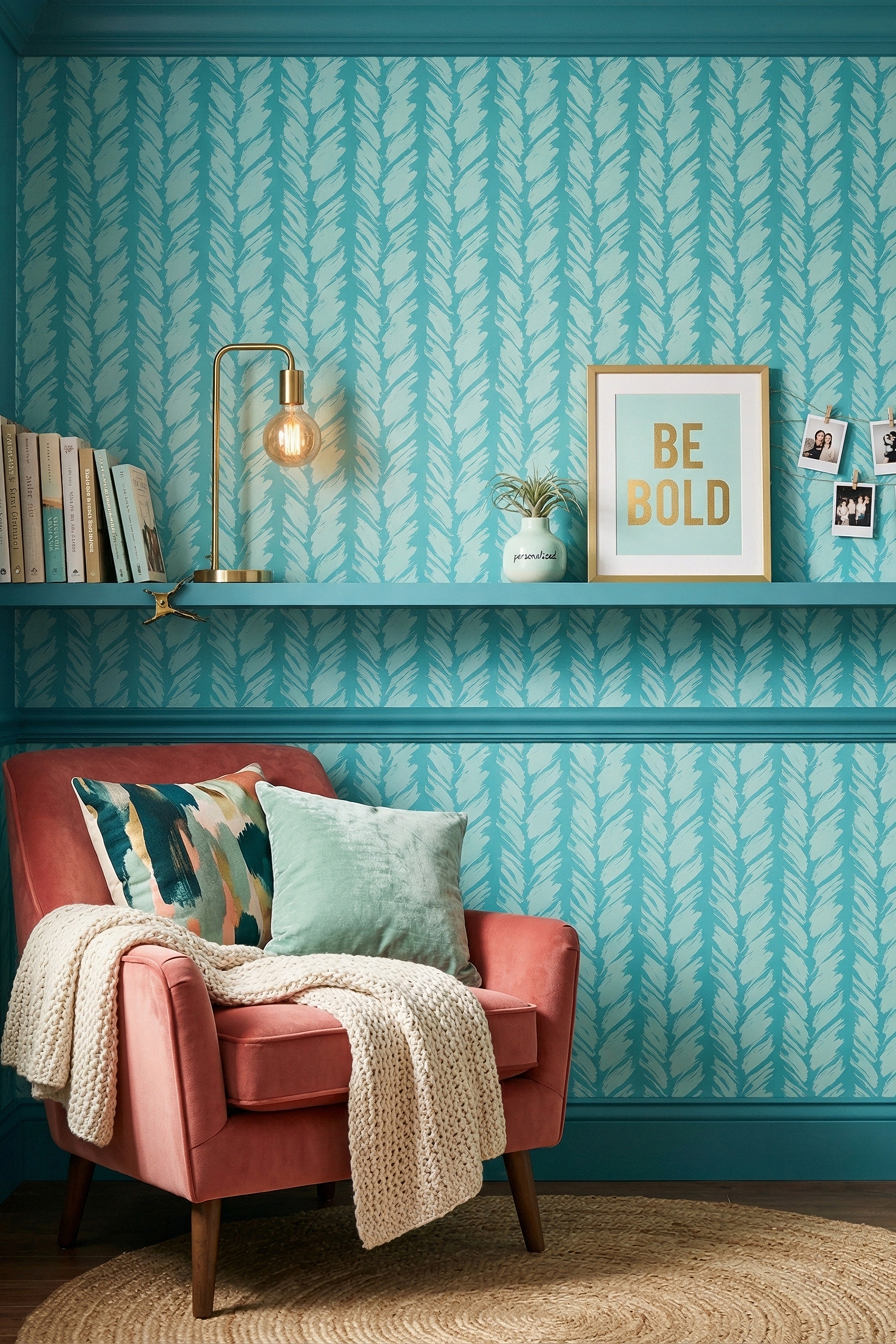 Teal Cabana wallpaper shown in a reading corner