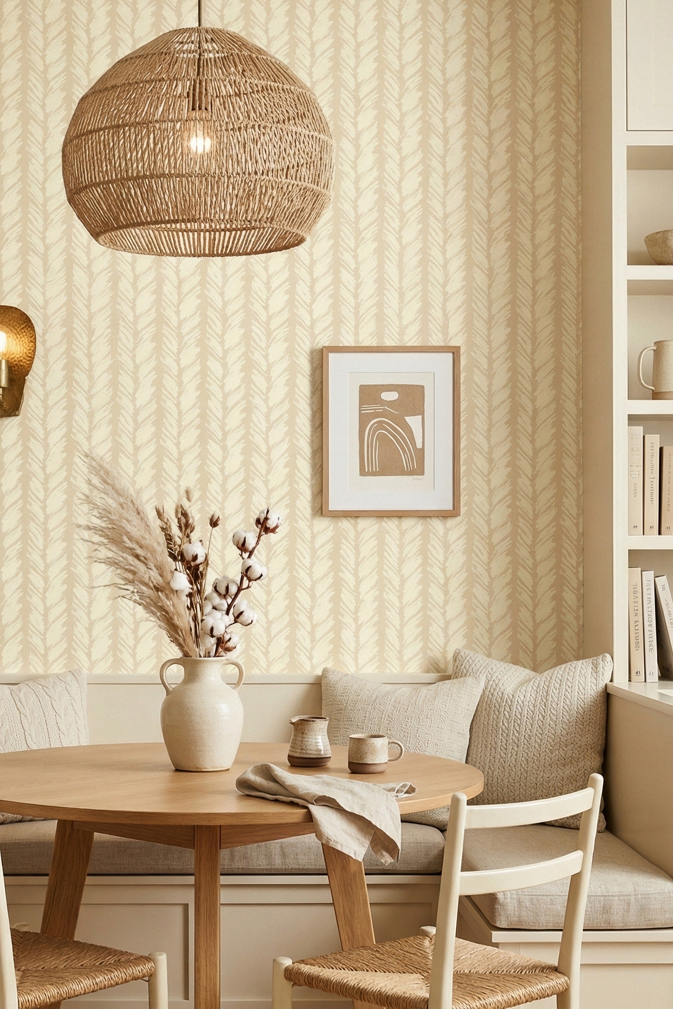Linen Brush wallpaper shown in a cozy nook