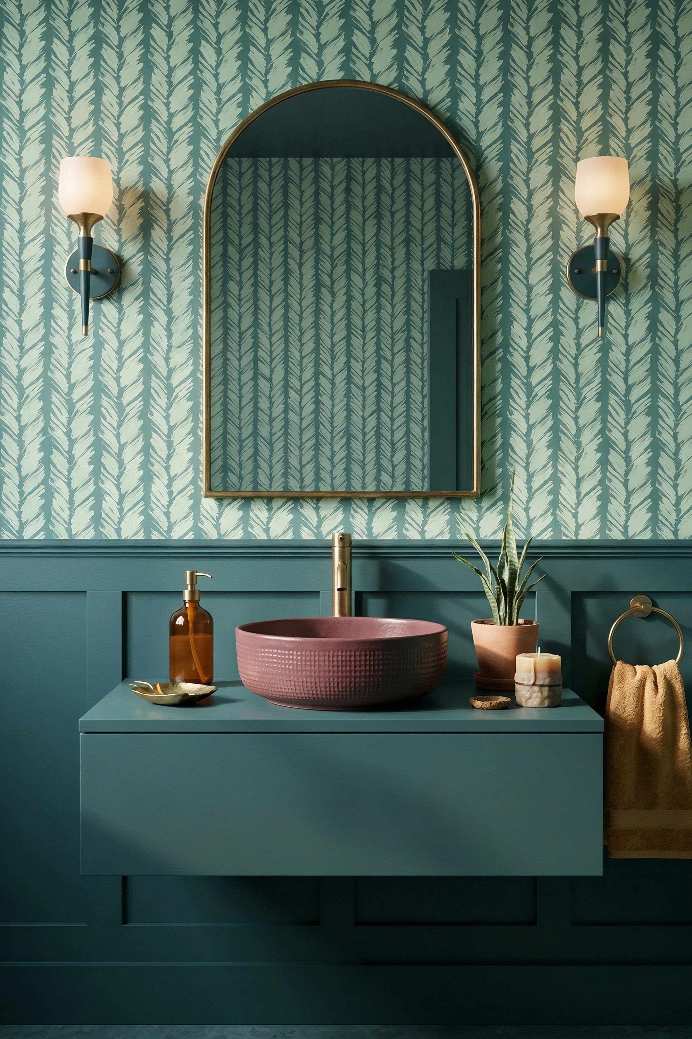 Mint Brush wallpaper shown in a powder room