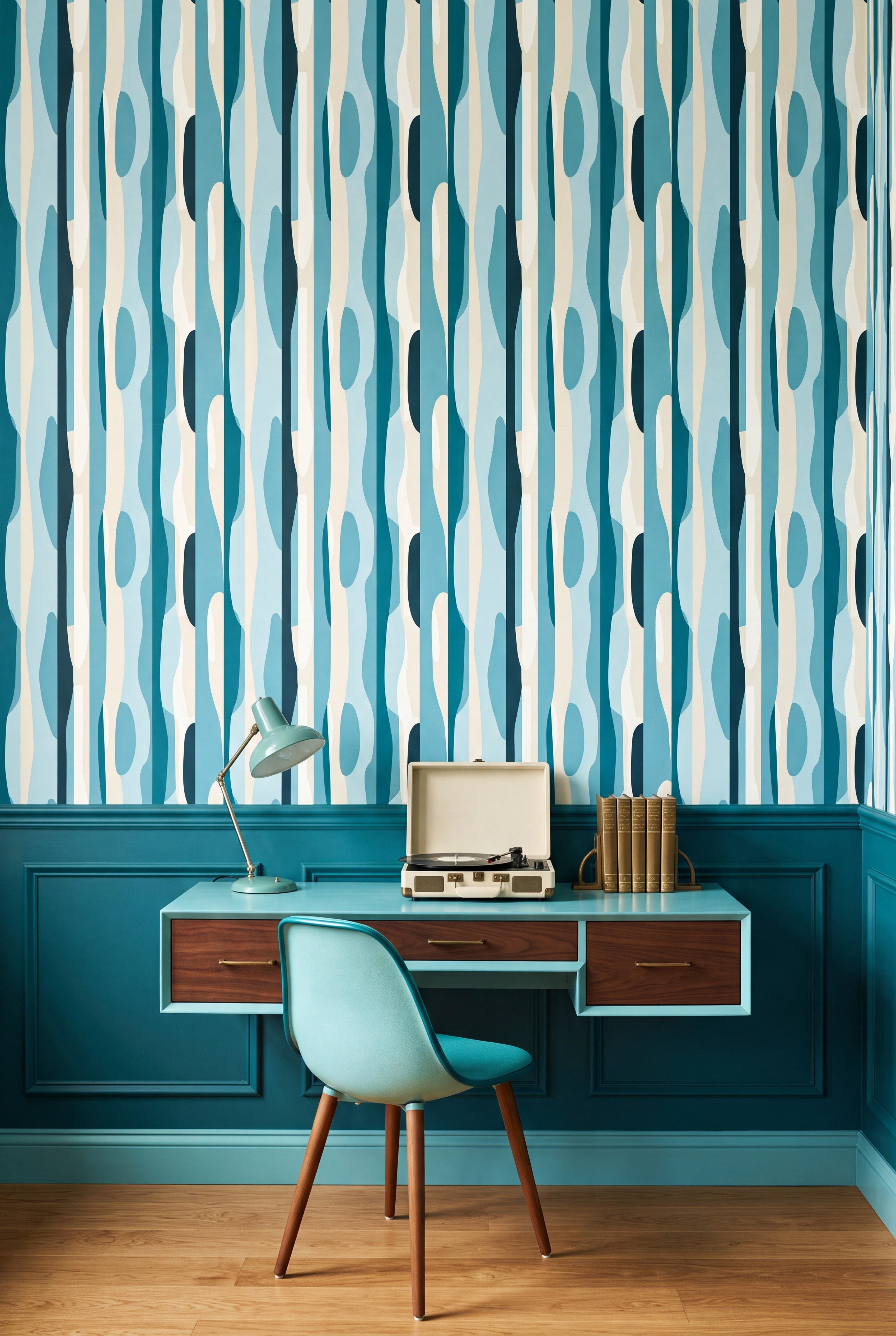Retro Tide wallpaper shown in a home office