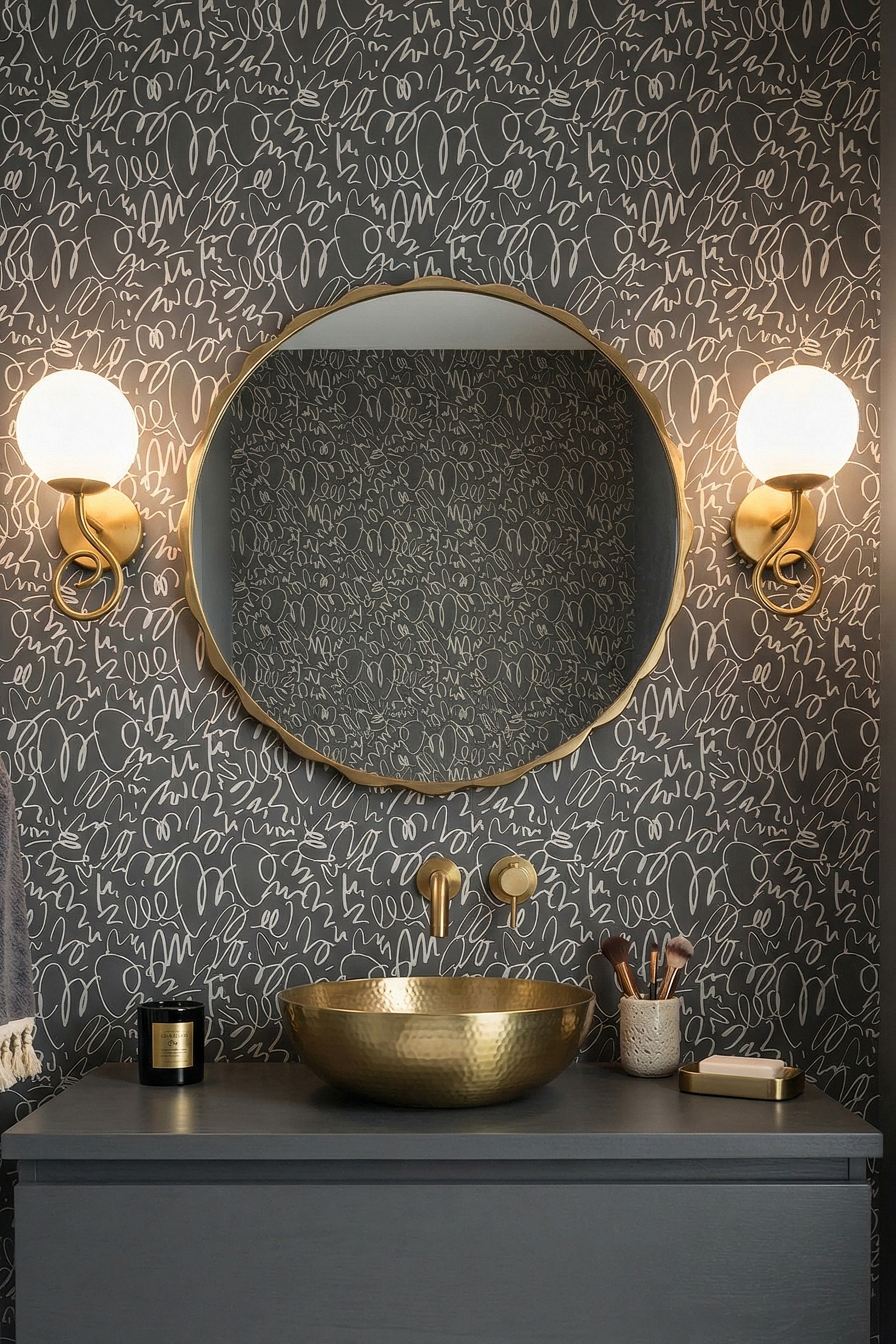 Graphite Doodle wallpaper shown in a powder room