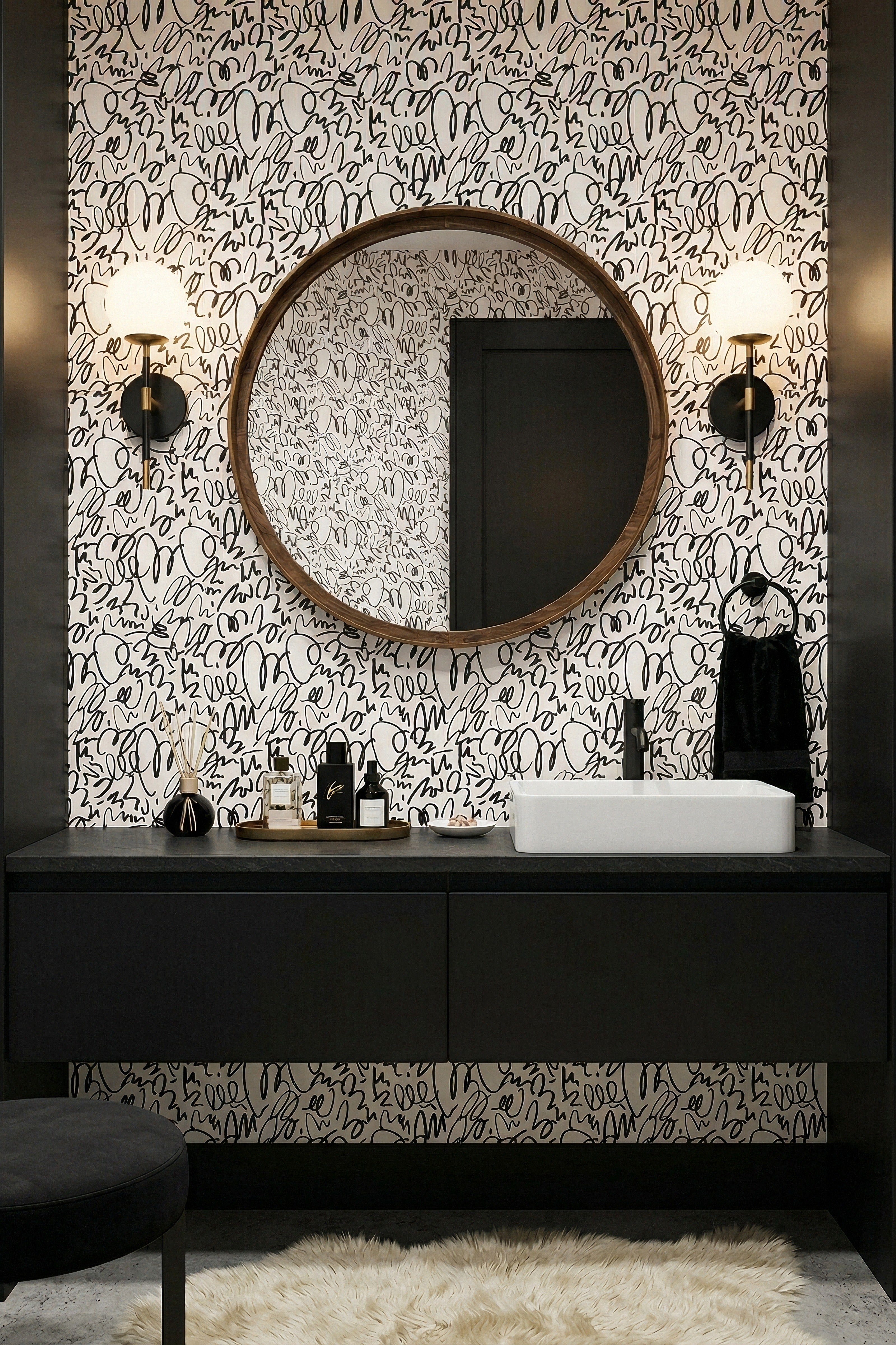 Ink Doodle wallpaper shown in a powder room