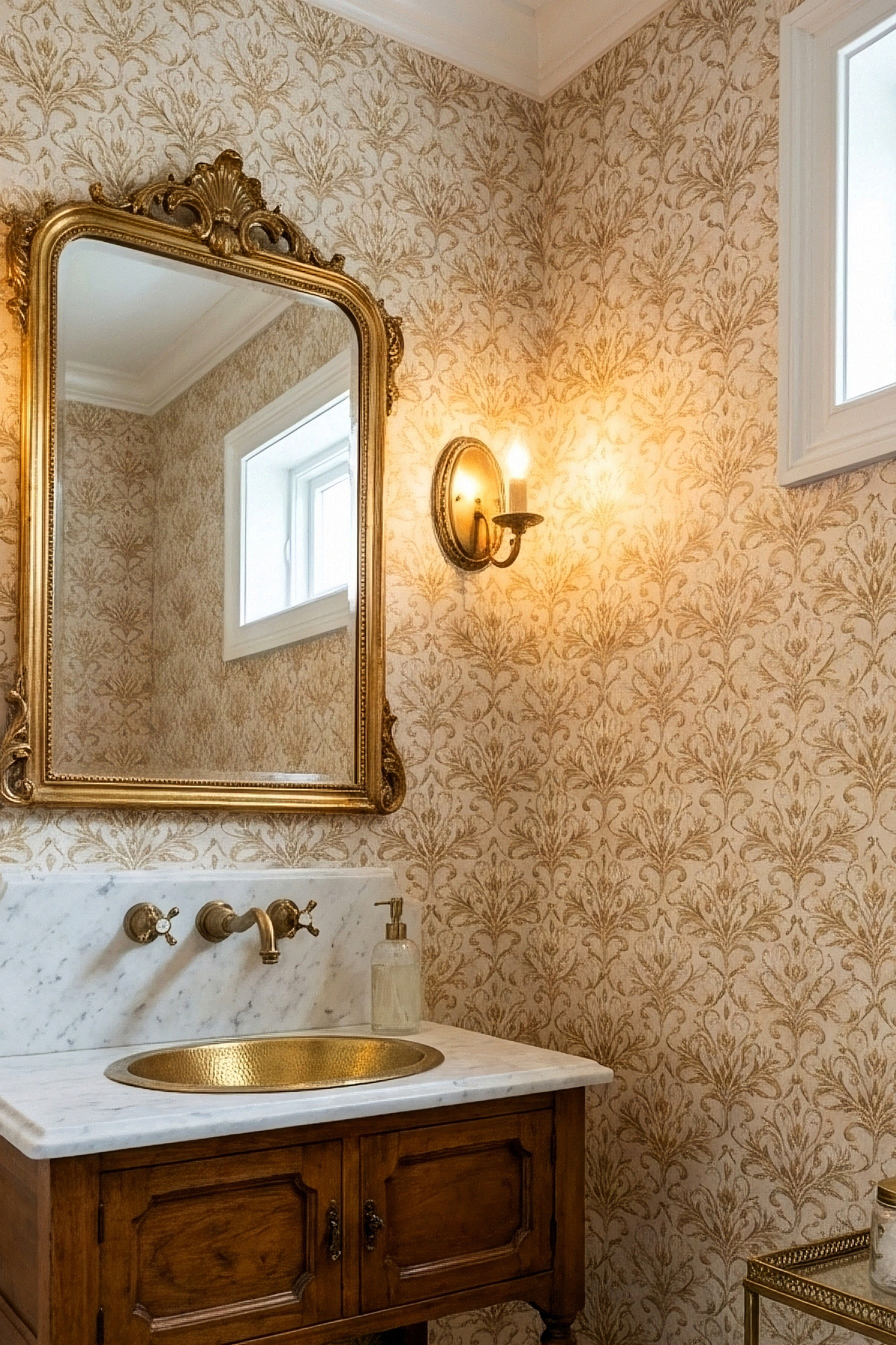 Golden Scroll wallpaper shown in a powder room
