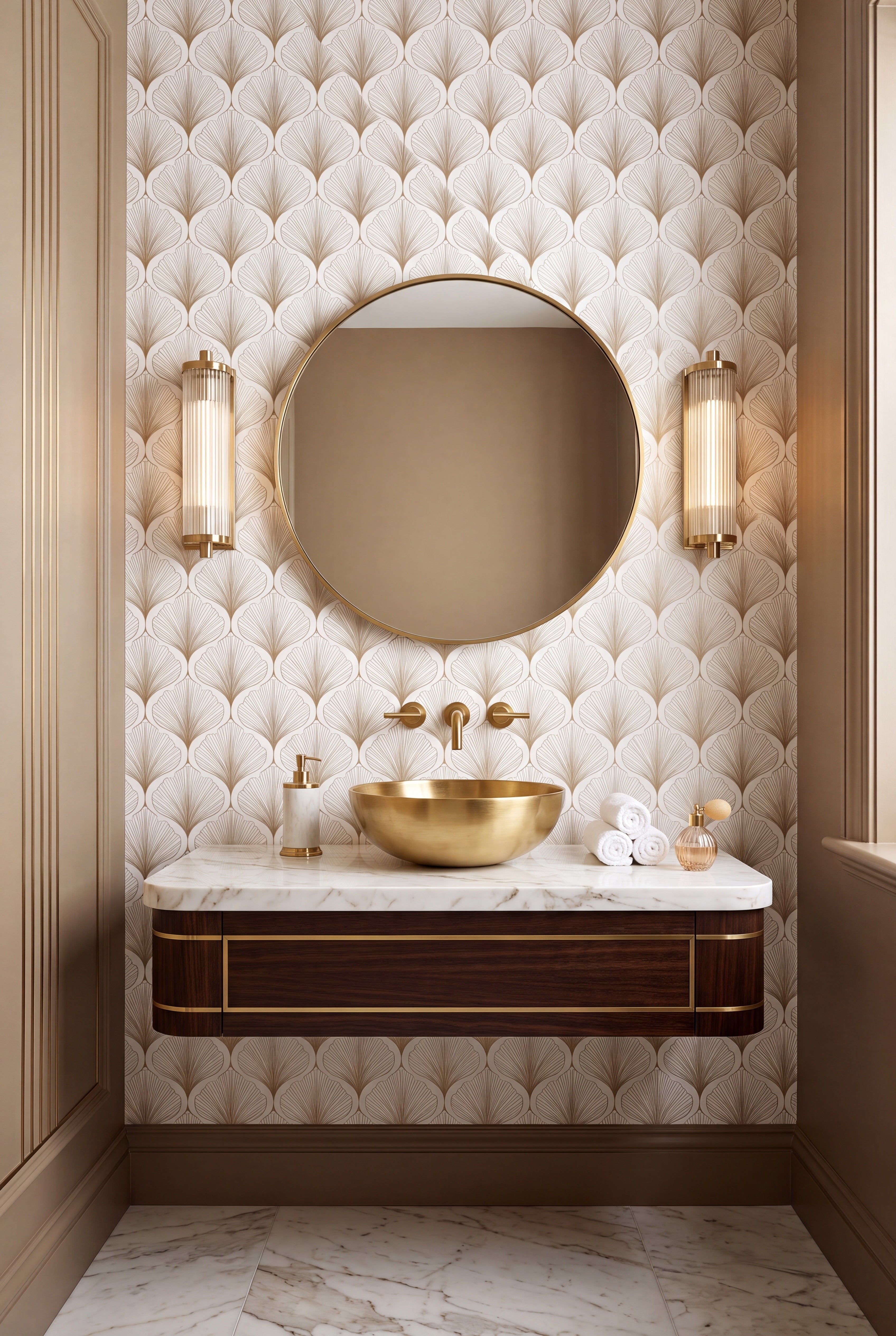 Gold Fanfare wallpaper shown in a powder room