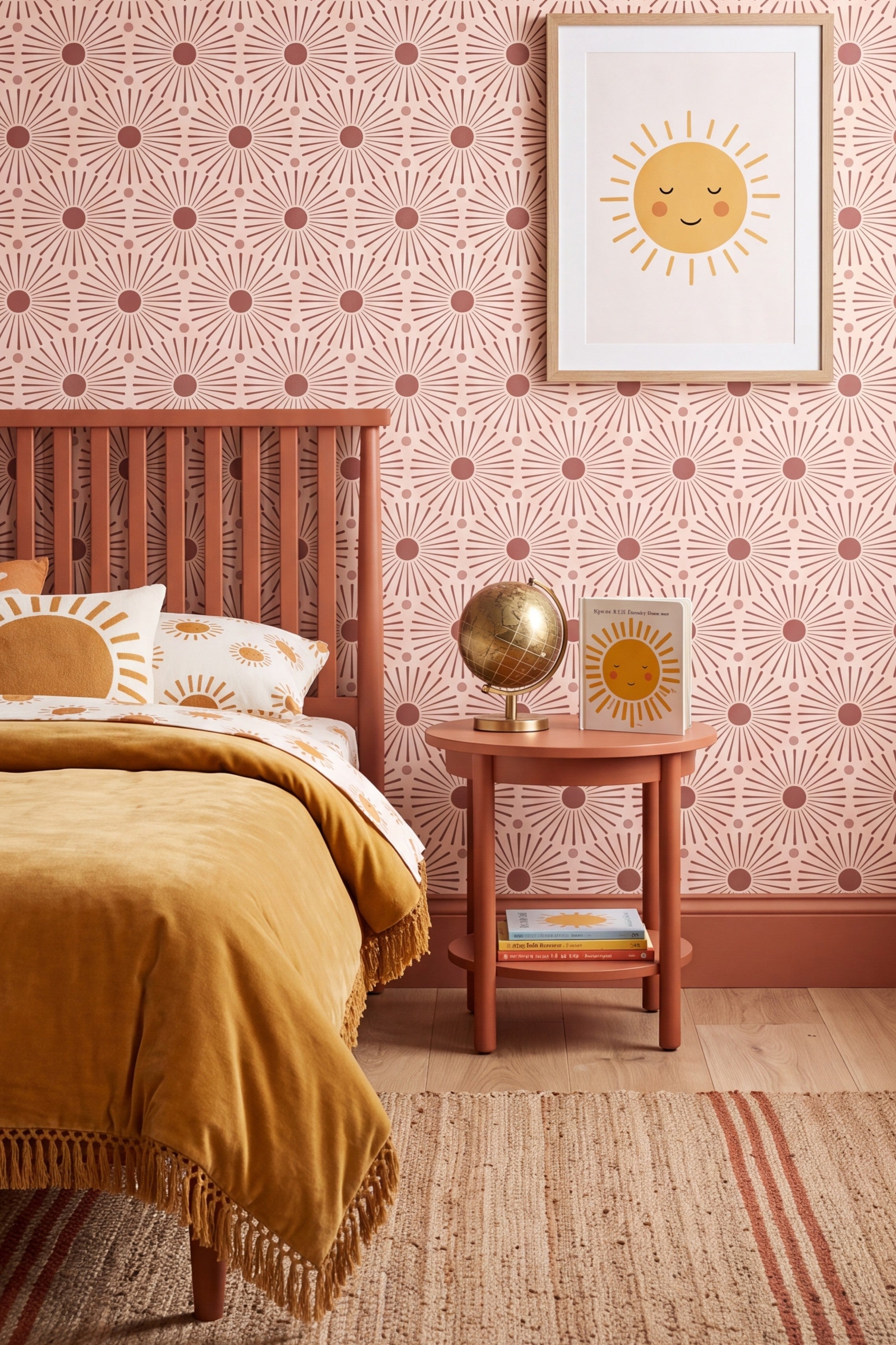 Blush Sunburst wallpaper shown in a kids' room