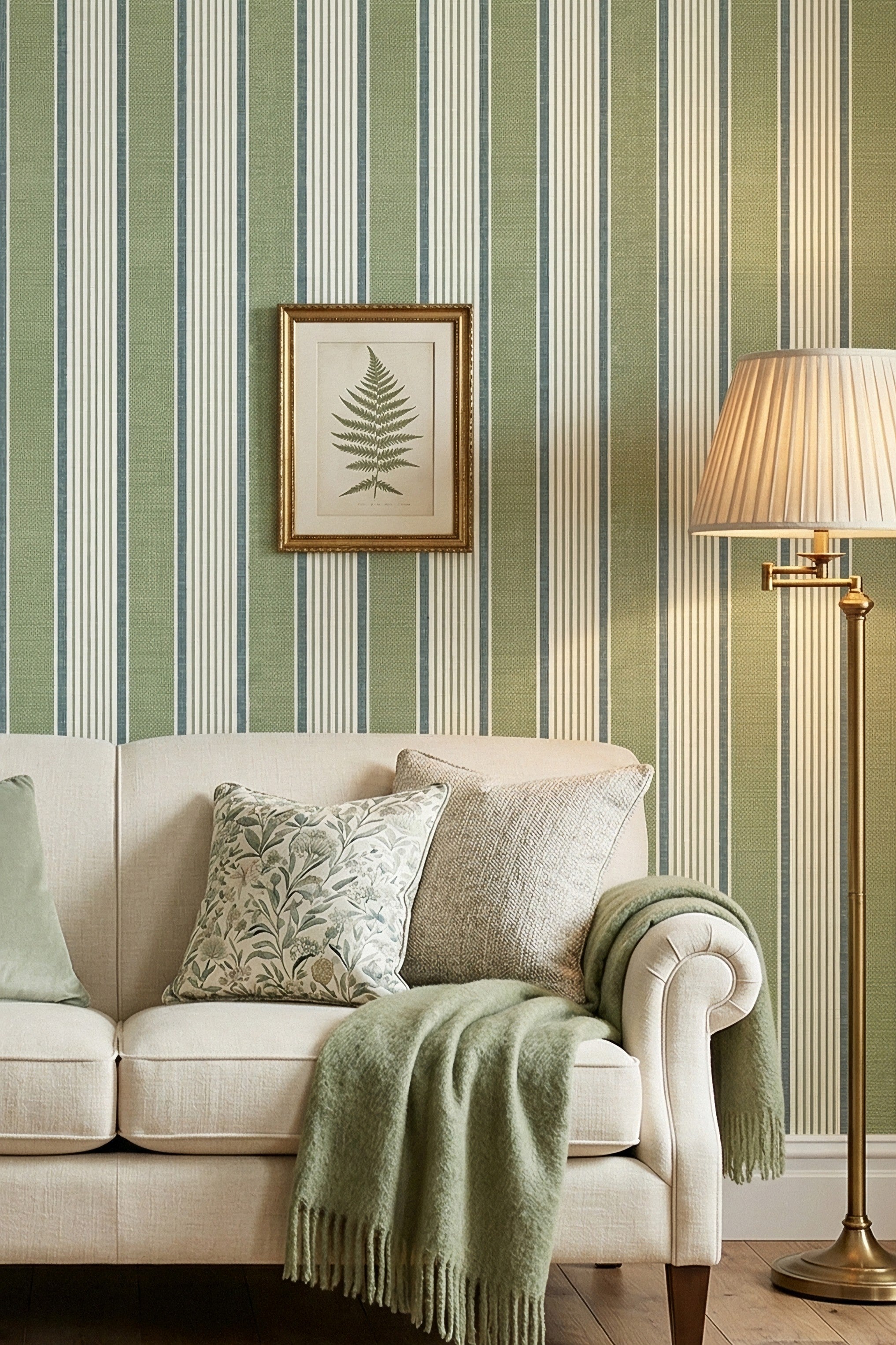 Cottage Stripe wallpaper shown in a living room