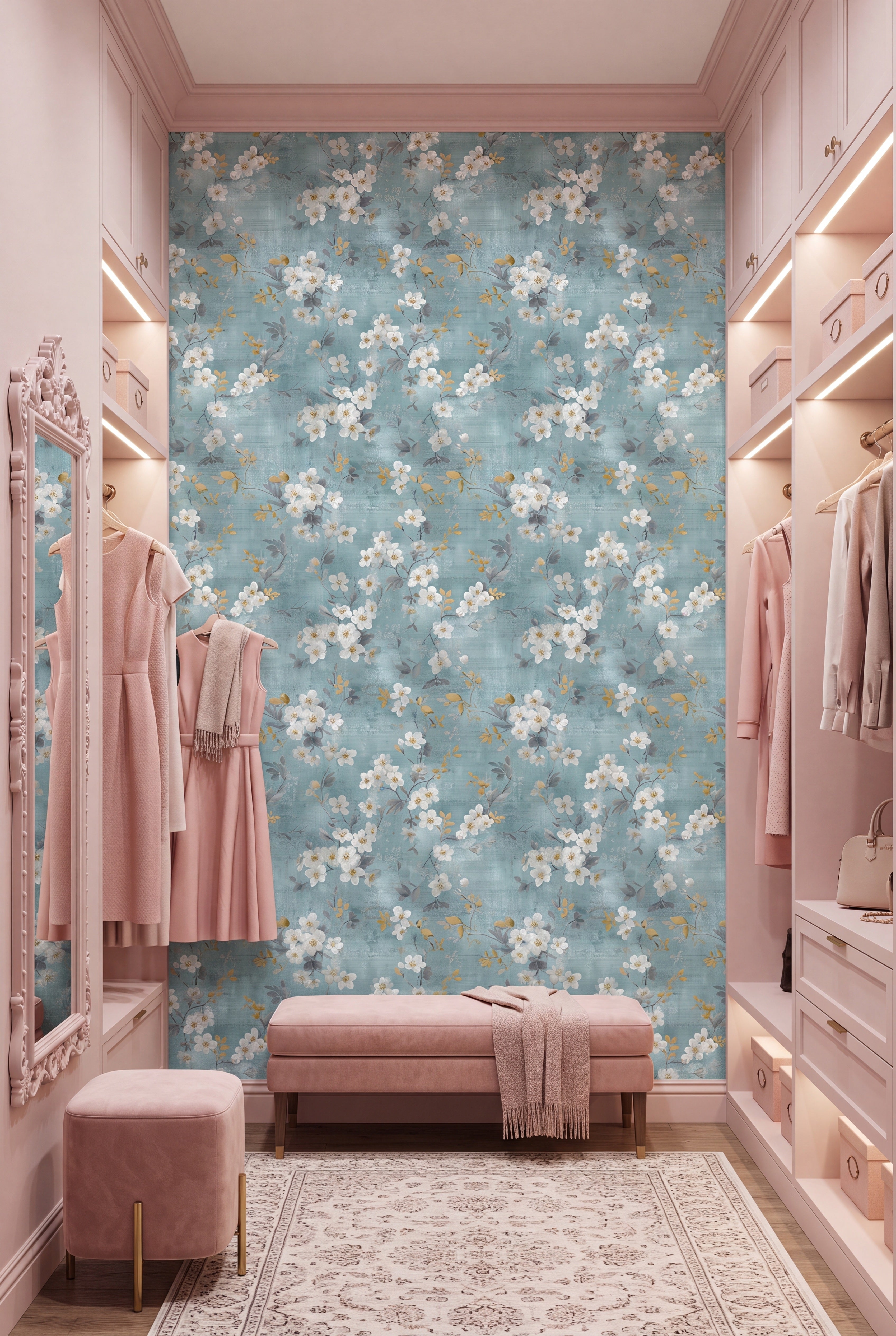 Gilded Blossom wallpaper shown in a closet
