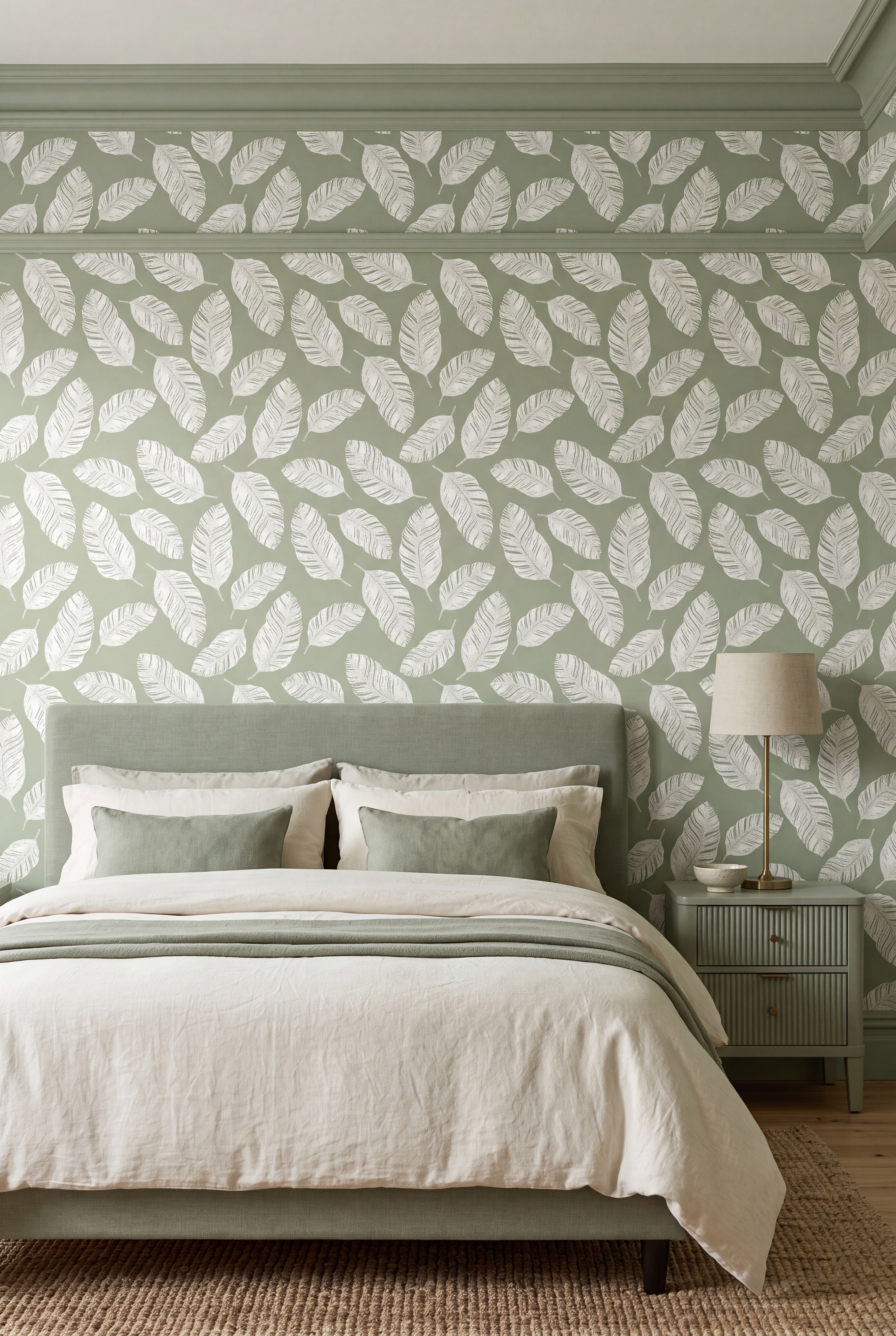 Cabana Sage wallpaper shown in a bedroom