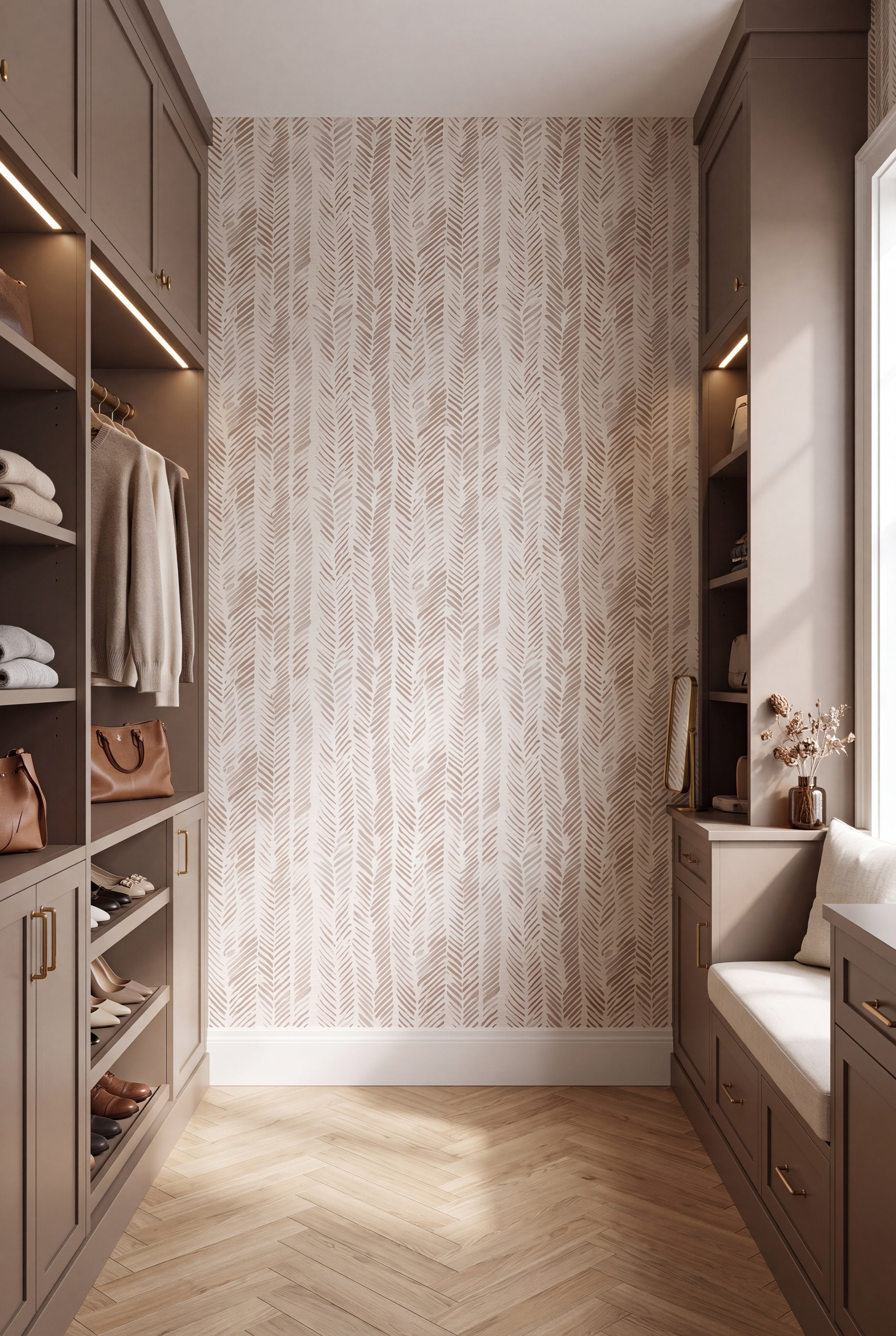 Boho Herringbone wallpaper shown in a closet