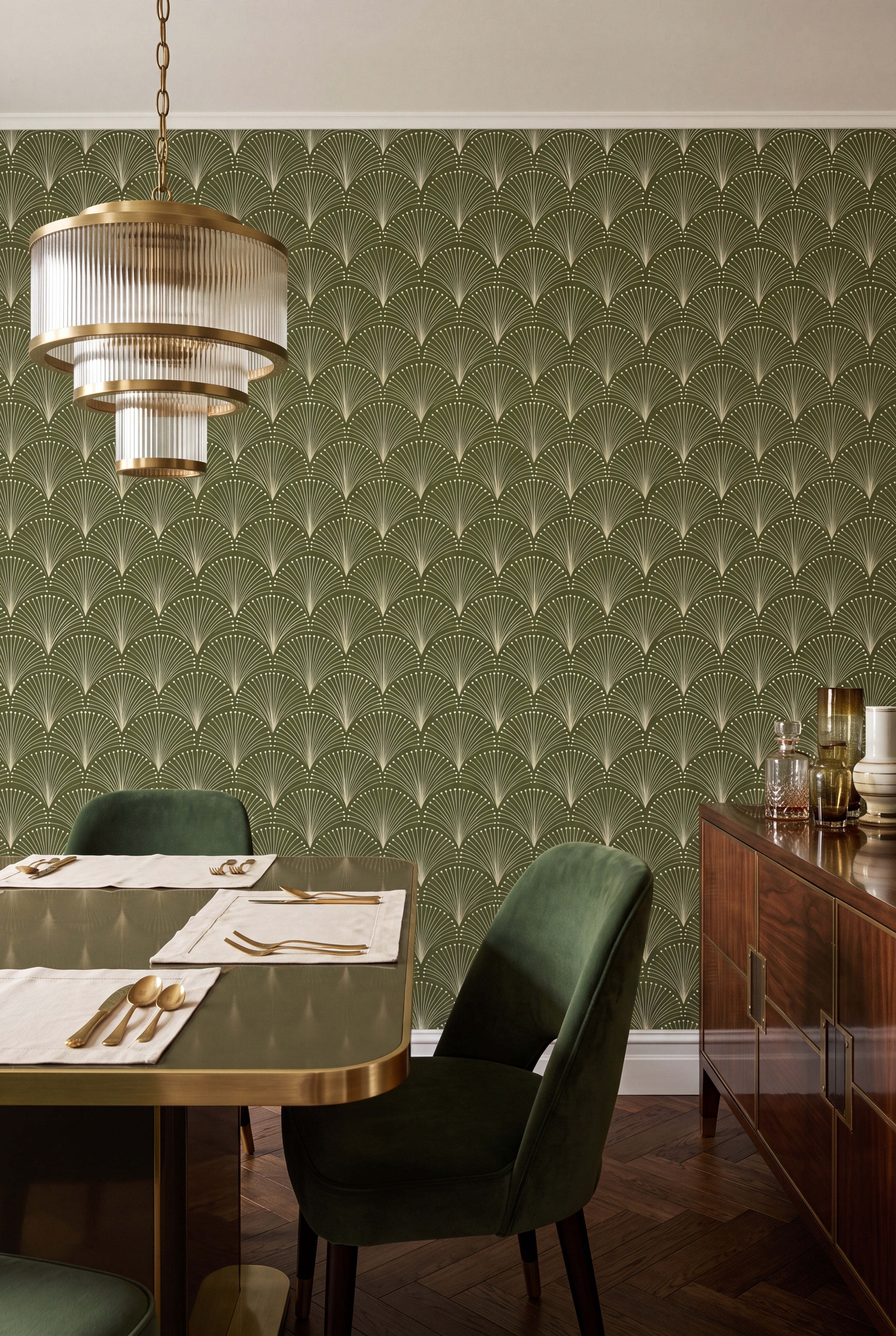 Palm Court wallpaper shown in a dining room