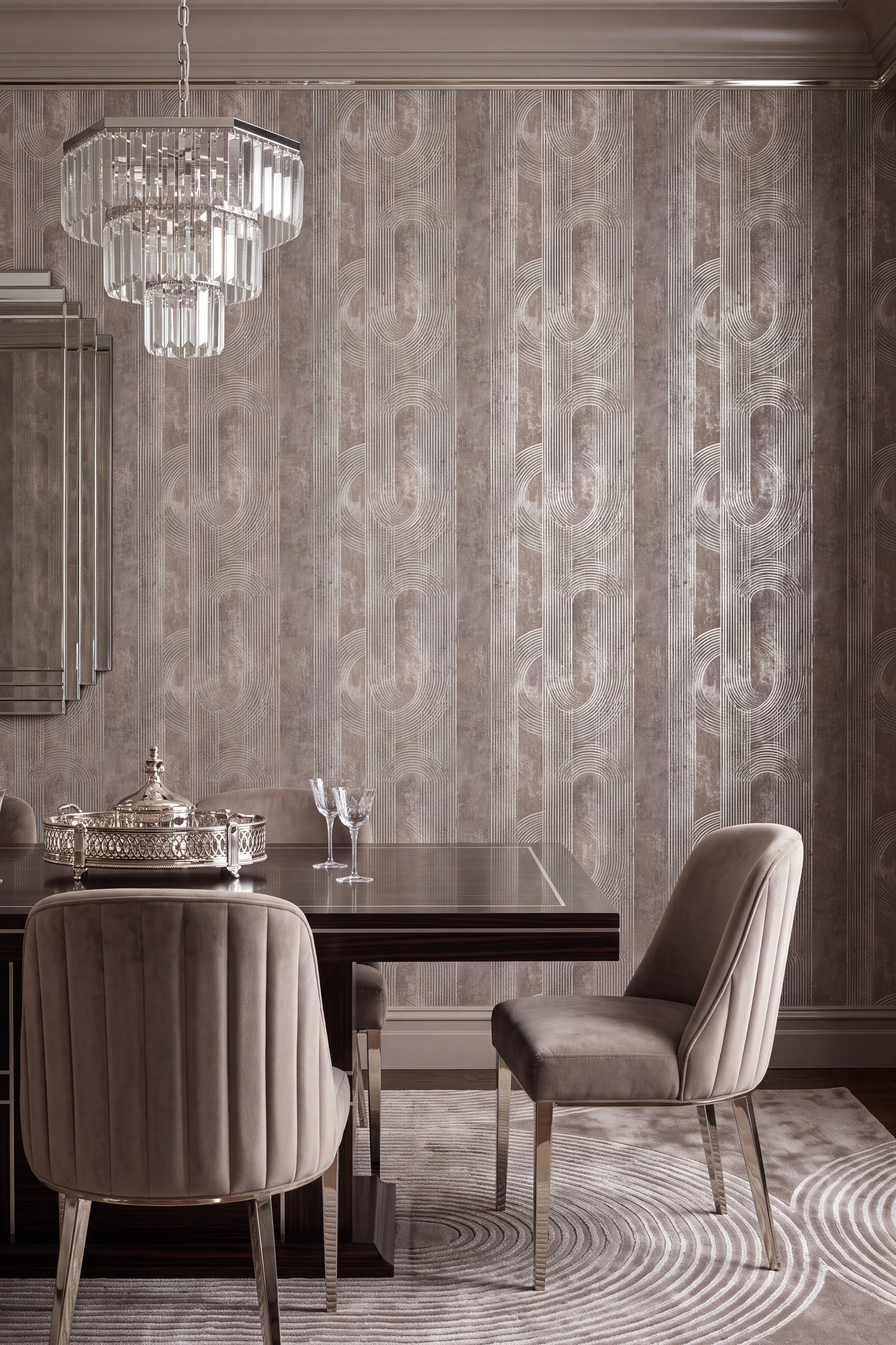 Archway wallpaper shown in a dining room