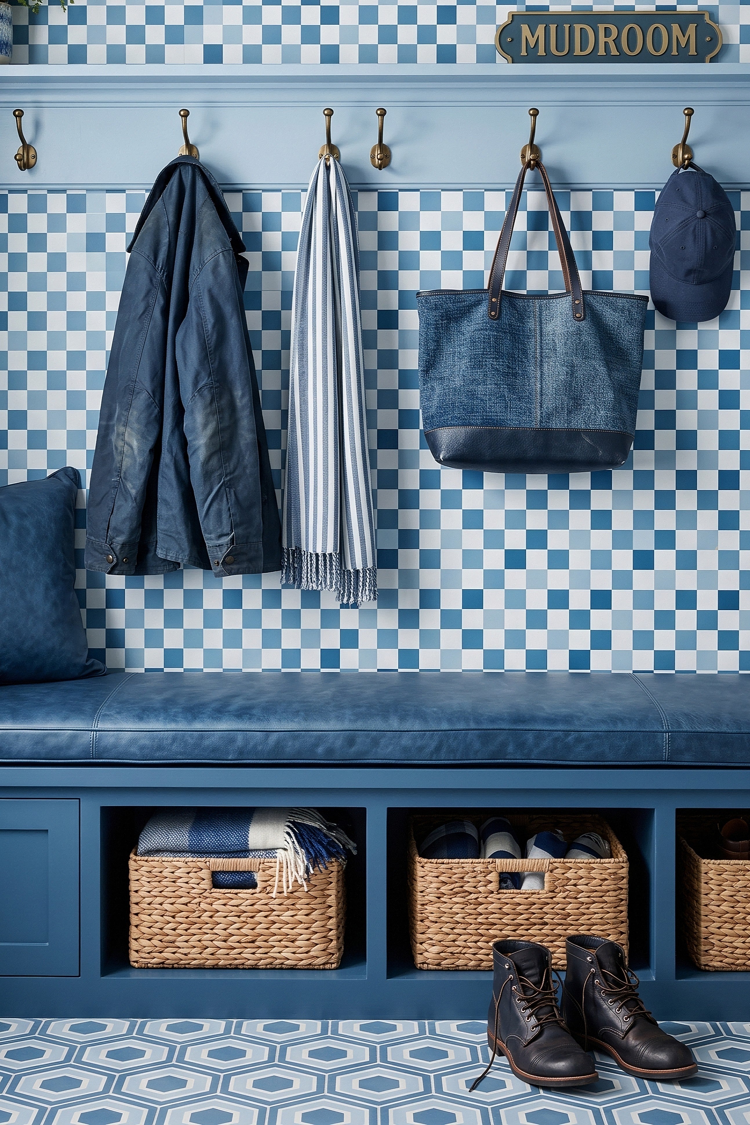 Blueberry Check wallpaper shown in a mudroom
